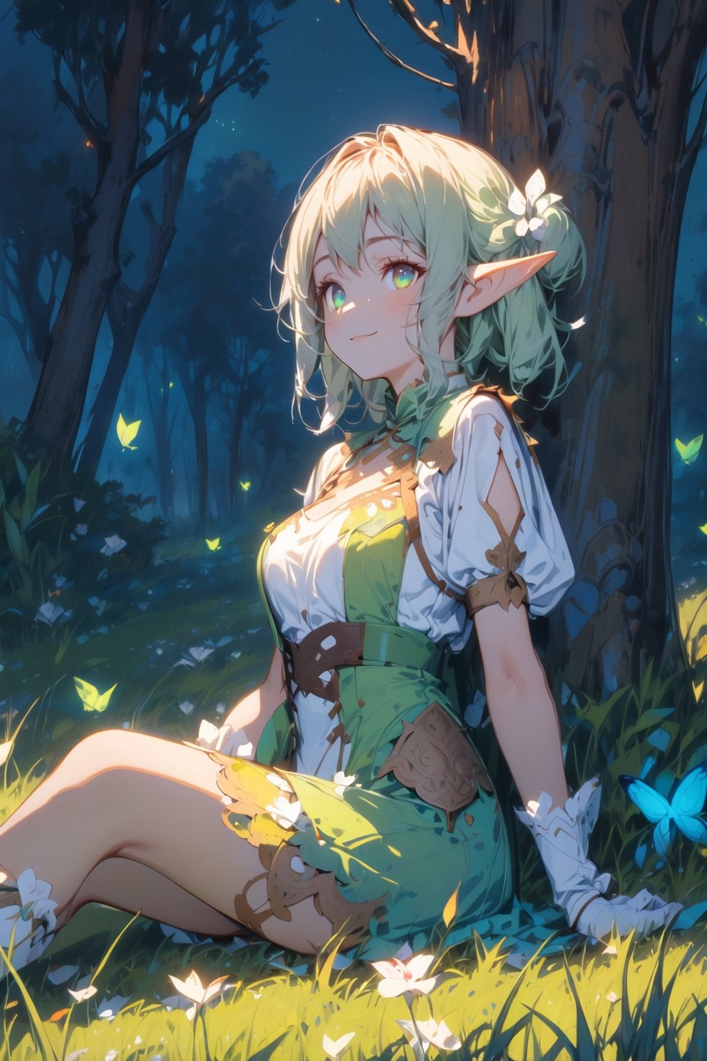 //quality, (masterpiece:1.4), (detailed), ((,best quality,))//,1girl,(elf:1.3),//,light_green_hair,hair_flowers,beautiful detailed eyes,glowing eyes,(green eyes:1.2),//,ethereal clothes,//,light smile,//, sitting on grassland,//, forest, flowers, (firefly:1.3) ,glow,(night:1.21),scenery