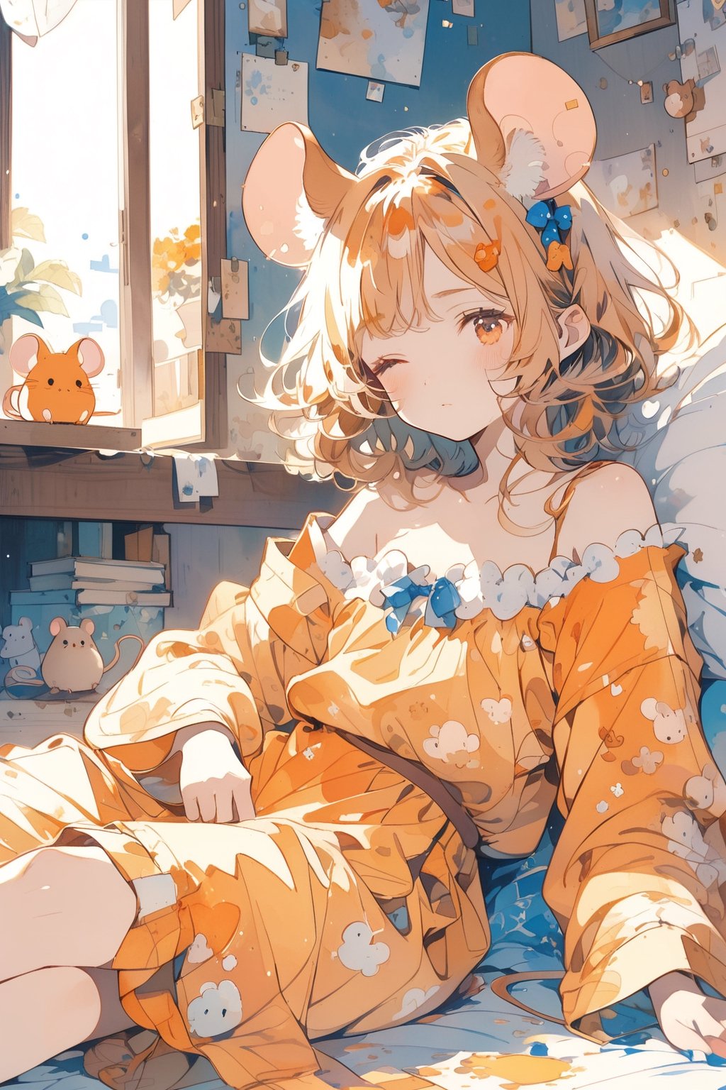 //quality, (masterpiece:1.331), (detailed), ((,best quality,)),//,(1girl),solo,(loli),cute,,//,(mouse_ears:1.3),mouse_tail,(orange_hair:1.3),hairstyle, medium hair, ((,messy_hair,)),sidelocks, (orange_eyes), detailed eyes,flat_chest,//,hair_accessories,accessories,pajama,//,one_eye_closed, sleepy,//, lying on bed, //, indoor, bedroom, detailed room,aesthetic,watercolor \(medium\)