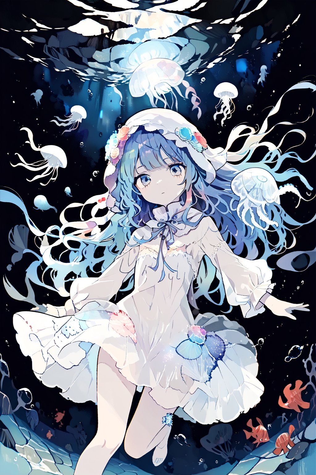 //quality, (masterpiece:1.331), (detailed), ((,best quality,)),//,illustration,//,1girl,jellyfish girl,//,(deepskyblue hair:1.331),(,long hair:1.21),hair_style,wavy_hair,sidelocks,(white jellyfish hood,:1.331),hood_up,see_through,long sleeves,medium breasts,pale skin,beautiful detailed eyes, blue eyes,eye_glow,//,expressionless,//,floating,floating in the sea,//,(underwater:1.331),kelp,coral,jellyfish,white tentacles,//,dal,aesthetic,