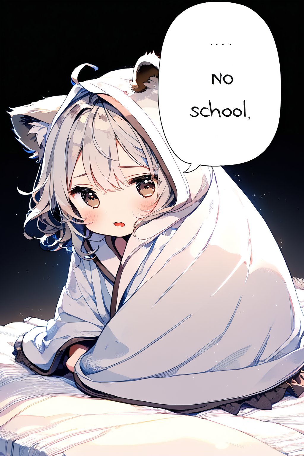 //quality, masterpiece:1.4, detailed:1.4,best quality:1.4,//,1girl,solo,//,raccoon girl,gray raccoon ears, animal ear fluff,gray hair, messy hair,ahoge, medium hair, brown eyes,detailed eyes,//,hair_accessories,accessories,pajamas,(wrapped blanket), white blanket,(head covering blanket),//,> <,blush,sleepy, wavy_mouth, holding back one's tear,mouth_open,bags_under_eyes,(bags under eyes),//,sitting on bed, (hiding under blanket),//,indoor,dark background, bedroom, white blanket,comfyblanket,chibi,(((spoken text reads as "NO SCHOOL" )))