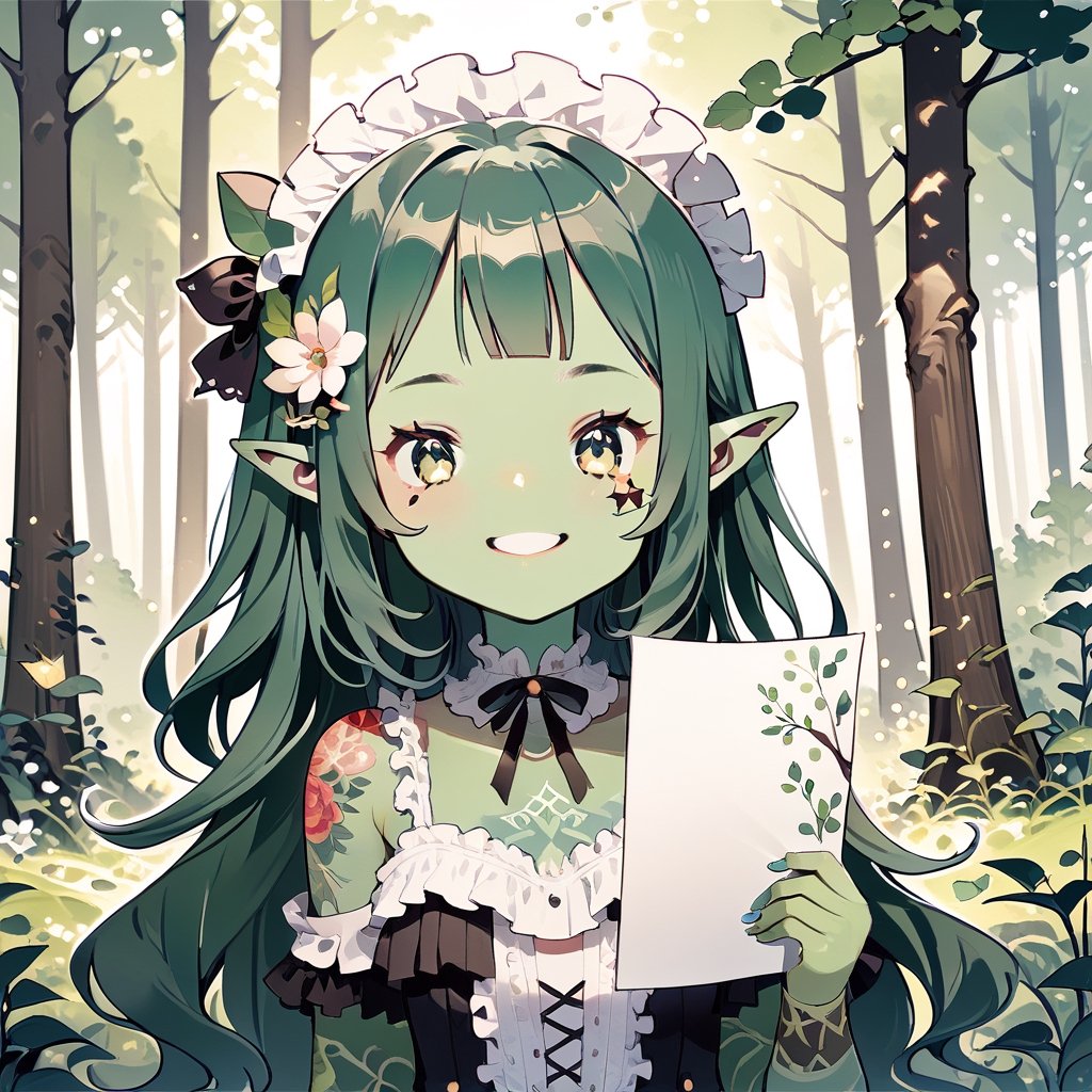 //quality, (masterpiece:1.4), (detailed), ((,best quality,)),//1girl,loli, cute,//,(green pointy_ears:1.3),(,green skin:1.4),medium_hair, straight_hair,//, lolita,//, :>, smiling,//,(holding paper:1.1),//, colorful,forest, flower, plant, leaves, tree,tattoo,face tattoo ,(PaperLikeFace :1.4),PaperLikeFace,