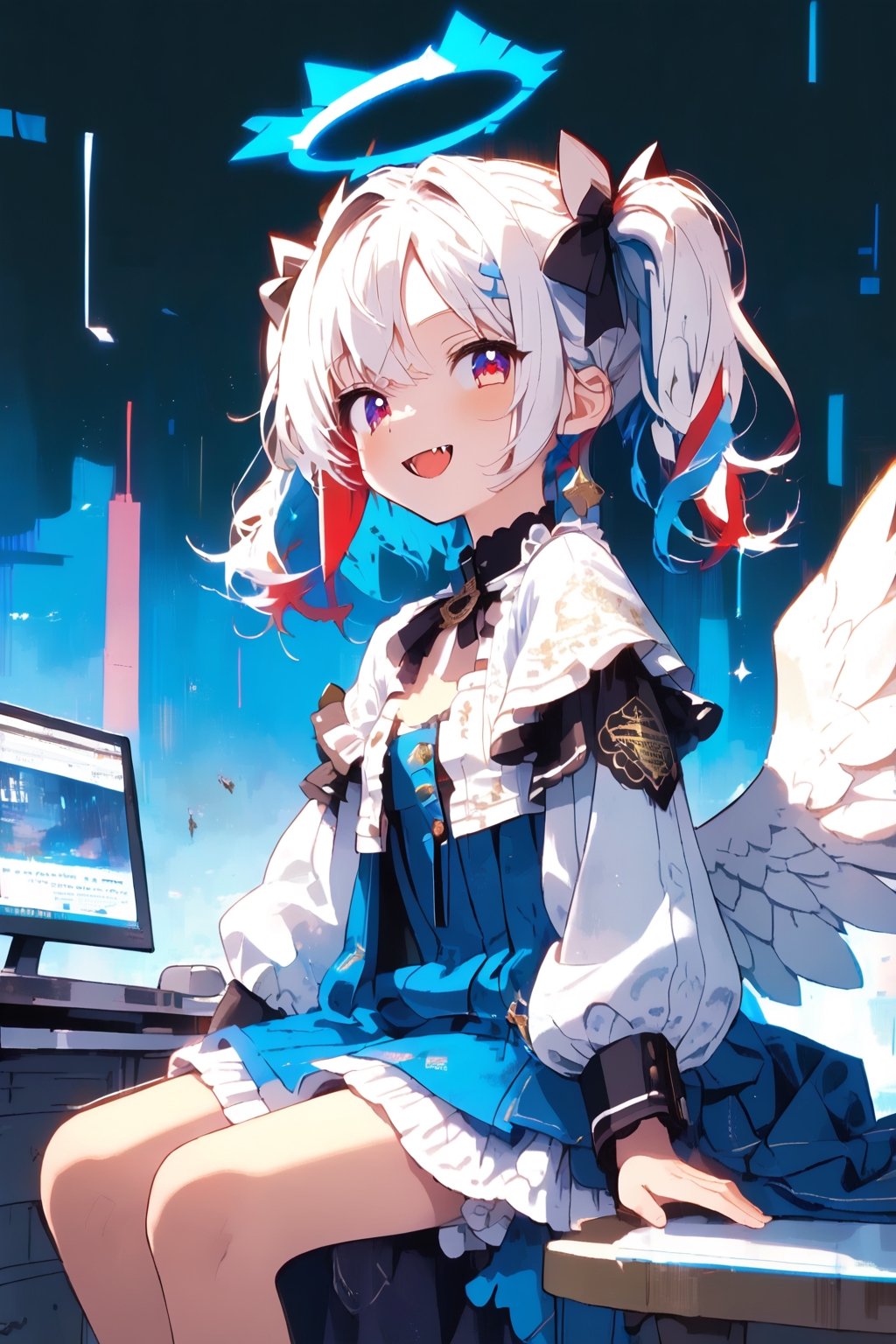 [Angel ଘ( ˊᵕˋ )ଓ TensorArt:0.00]//quality, (masterpiece:1.331), (detailed), ((,best quality,)),//portrait,//,1girl,solo,loli, (angel:1.331),//,(short twintails:1.331),(white hair:1.3),(blue hair:1.2),(colored inner hair:1.4),ahoge,(halo:1.331),hair_accessories,(small_breasts:1.331), blue eyes,beautiful detailed eyes,glowing eyes,(angel_wings),//,lolita,(white topwear:1.21),(blue_dress: 1.331),//, smile ,cute_fangs, looking at viewer,//, sitting,//,internet,line code,(data codes:1.331), (glitch effect:1.331),(scenery:1.331), computer, table,//,cute knight