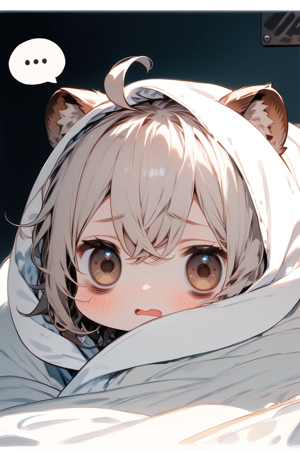 //quality, masterpiece:1.4, detailed:1.4,best quality:1.4,//,1girl,solo,//,raccoon girl,gray raccoon ears, animal ear fluff,gray hair, messy hair,ahoge, medium hair, brown eyes,detailed eyes,//,hair_accessories,accessories,pajamas,(wrapped blanket), white blanket,(head covering blanket),//,> <,blush,hold back one's tears, wavy_mouth,mouth_open,bags_under_eyes,(bags under eyes),//,sitting on bed, (hiding under blanket),//,indoor,dark background, bedroom, white blanket,comfyblanket,chibi,(((spoken words with Text "WHY")))