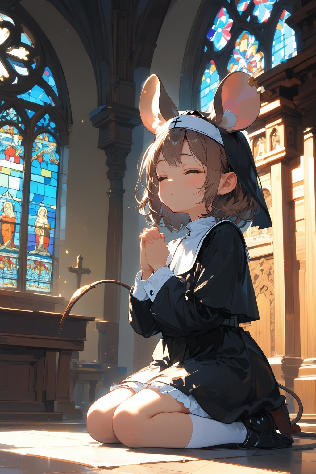 //quality, masterpiece:1.4, detailed:1.4,best quality:1.4,//,1girl,solo,loli,//, brown mouse_ears,mouse_tail,animal ear fluff, medium hair, brown hair, closed_eyes,//, black nun headscarf,(black nun costume),white thighhgihs,//,closed_mouth,//,kneeling, praying,own hands clasped,//,indoor, church ,stained glass,carved woodwork,dal-6 style