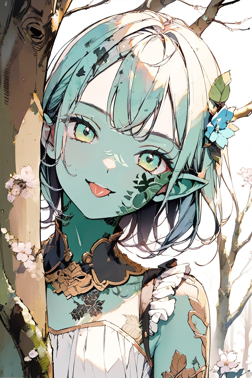 //quality, (masterpiece:1.4), (detailed), ((,best quality,)),//1girl,loli,cute,//,(green goblin_ear:1.3),(,green skin:1.4),medium_hair, straight_hair, detailed eyes,//,lolita,//,(tongue out:1.2), (smiling:1.2),looking_at_viewer,//,peeking out,(,peeking out upper body :1.4), (tree:1.2),//,forest,plant,leaf, flowers,tattoo,face tattoo,patina metal skin,peeking out upper body,pms style