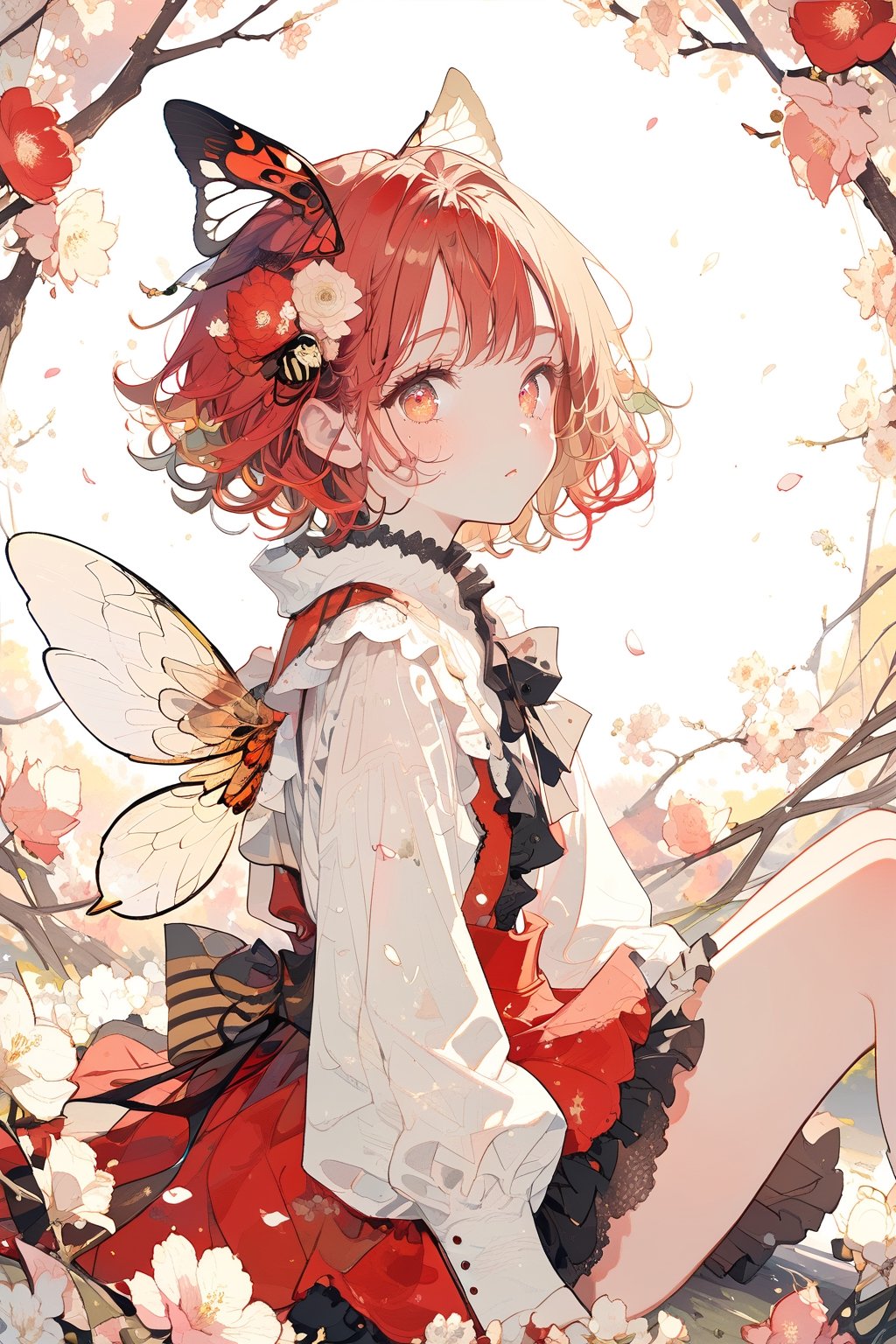 //quality, (masterpiece:1.4), (detailed), ((,best quality,)),//, illustration,,1girl,solo,loli,bee_girl,//, (red hair:1.3), short hair,antenna_hair,sidelocks,hair_flowers, beautiful detailed eyes,glowing eyes,red eyes,//,(sparking bee_wings:1.3),red_dress,
,//, blush,expressionless,looking_at_viewer, first-person_view,//,sitting in flower,//, scenery, outdoors, flower_petals,flying_petals, flowers petals floating in air,((bees)), (straight-on:1.3),//,emo,aesthetic,