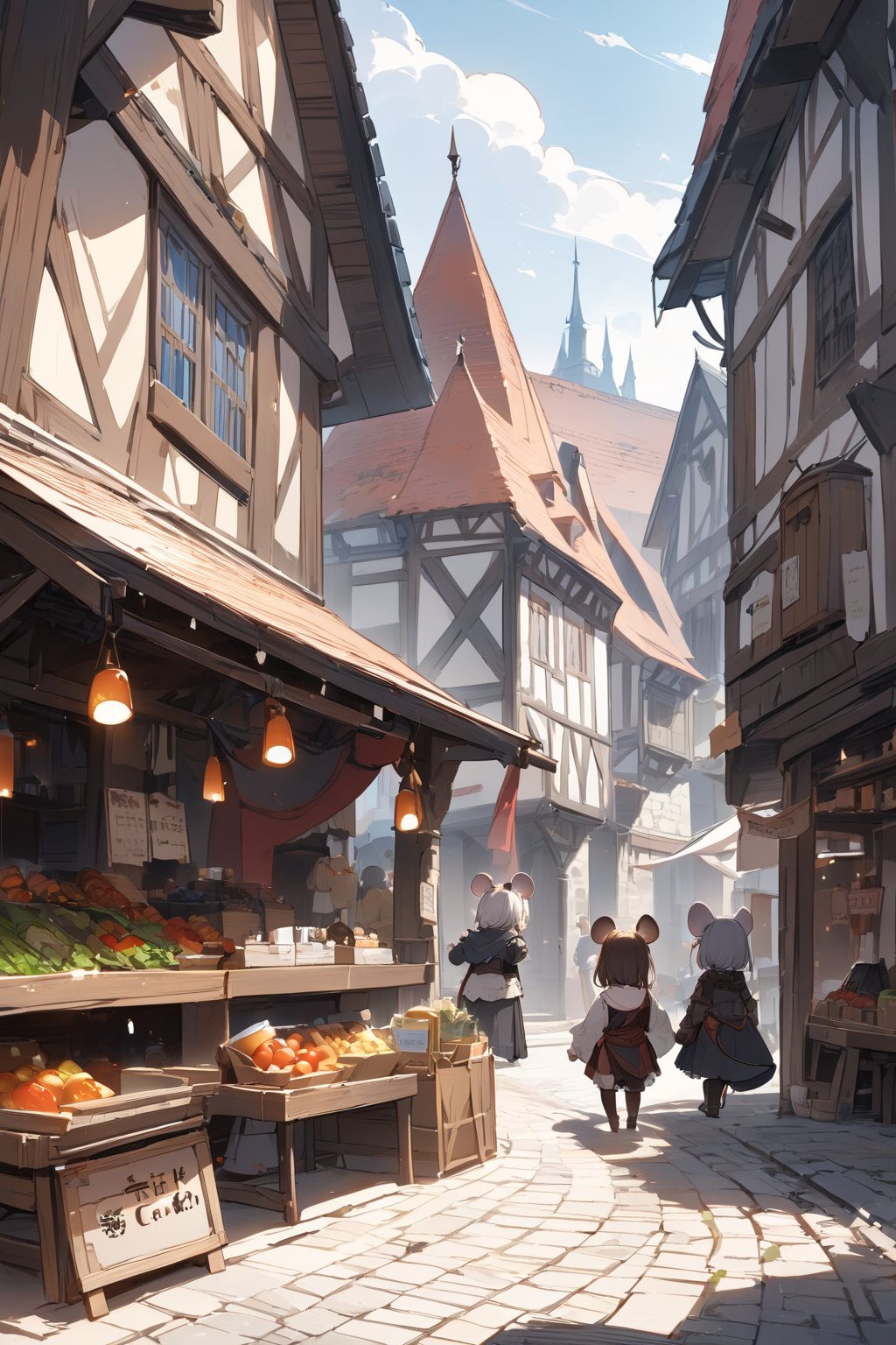 //quality, masterpiece:1.4, detailed:1.4,best quality:1.4,//,scenery, town, mouse_girls, loli, multiple_girls,market, (mouse_ears),mouse tail, crown, medieval town,Deformed