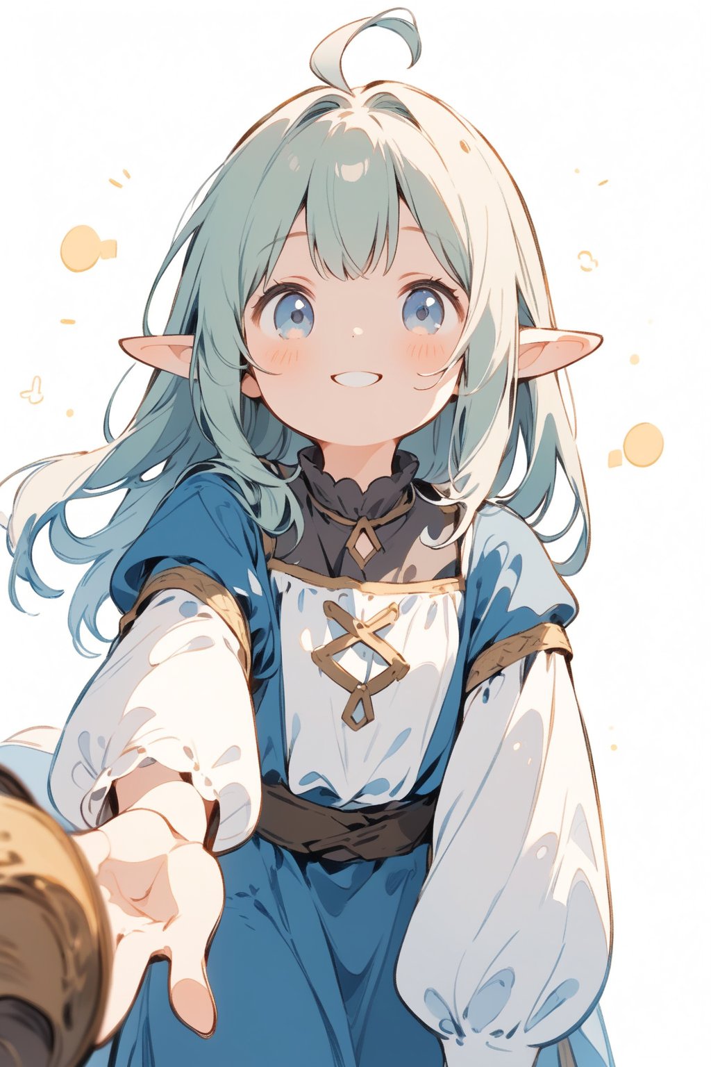 //quality, masterpiece:1.4, detailed:1.4,best quality:1.4,//,(doodle style),//,elf,pointed_ears,1girl,solo,ahoge,ahoge,green hairs, long_hair, straight_hair,//, medieval clothes,ethereal clothes,blue_eyes,//,gentle,smile,facing_viewer,close-up, straight-on,(leaning_forward),open_hand,( reaching,reaching_towards_viewer),//,white background,cute comic,pov,from_below, reaching towards viewer,beckoning