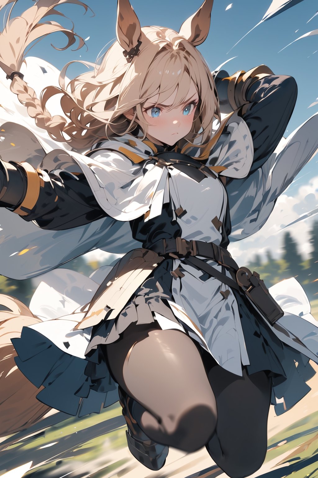 //quality, (masterpiece:1.331), (detailed), ((,best quality,)),//,(1girl),solo,royal knight,(horse_girl:1.3),//,(blonde_hair:1.3),hairstyle, long hair, ((,single braid,)),(horse_ears:1.2),(horse_tail:1.2),detailed eyes, blue eyes,//,(detailed white armor:1.1),armored dress,(white cloak),puffy sleeves, belt,black pantyhose,//,serious,angry,closed_mouth,facing_viewer,looking down,//,(jumping:1.3),arms behind head,//,blurry background,background_sky,(motion_blur:1.4),wind effect,full_body,intense angle