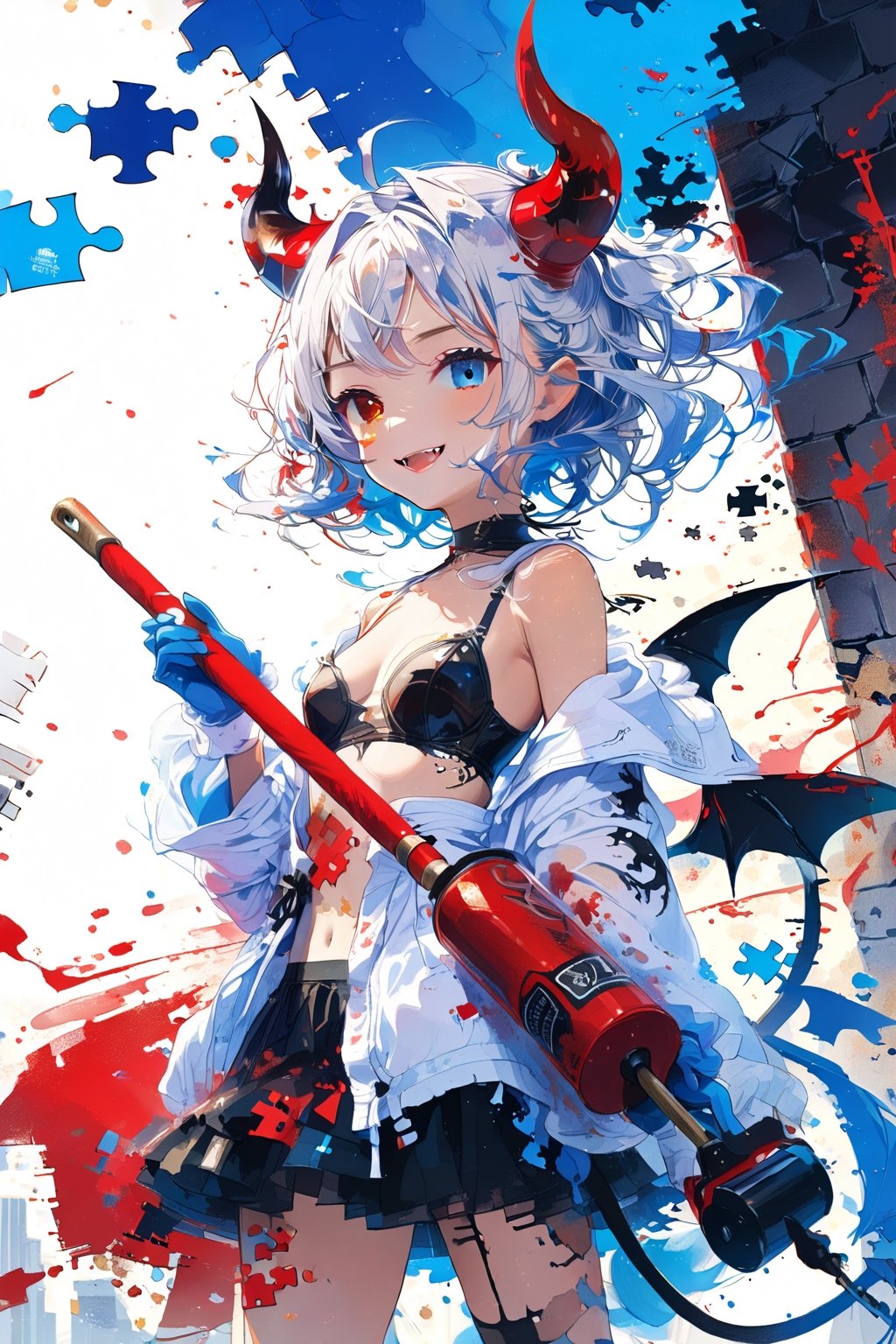 [Evil 😈TensorArt-chan:0.00]//quality, (masterpiece:1.331), (detailed), ((,best quality,)),//,//,1girl,solo,loli,//,(short twintails:1.331),(white hair:1.3),(blue hair:1.2),(colored inner hair:1.4),ahoge,glowing_hair,(demon horn:1.331),hair_accessories,(covered small_breasts:1.331), beautiful detailed eyes,glowing eyes,(blue eyes:1.21),(red eyes:1.1),(heterochromia:1.4),//,fashion,white jacket with logos,white crop top,blue bottom wear,red and blue gloves,(devil_tail:1.331),//,(,naughty_face:1.21),(smile:1.331),(fangs,),facing at viewer,//,(((girl holds a huge red paint roller in her hands))),wall painting about devil and angel,(hands_up),,(wall:1.331),(back_against_wall),//(glitch effect: 1.331),(puzzle),straight-on,//,scenery,ink,
