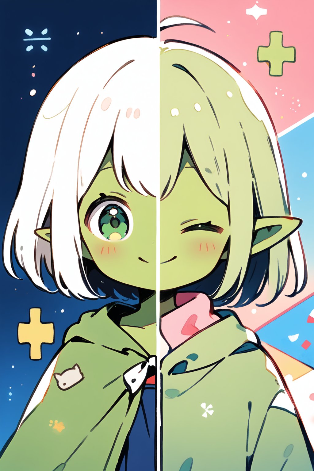 score_9, score_8_up, source_anime,//quality, masterpiece:1.4, detailed:1.4,best quality:1.4,//,(((green skin))),symmetry,puzzle,SplitScreen,upper body,(splitscreen of darkblue school uniform view and green cloak view),splitscreen,cute comic,colorful background,//,BREAK,1girl,goblin,pointed_ears,(((green skin))),ahoge,sidelocks,(white hair), green eyes,//,medieval clothes, green cloak,//,smile,straight-on,//,BREAK,1girl,((green skin))),goblin,loli,ahoge,(green hair),closed eyes, medium_hair, straight_hair,//,darkblue school_uniform,Deformed