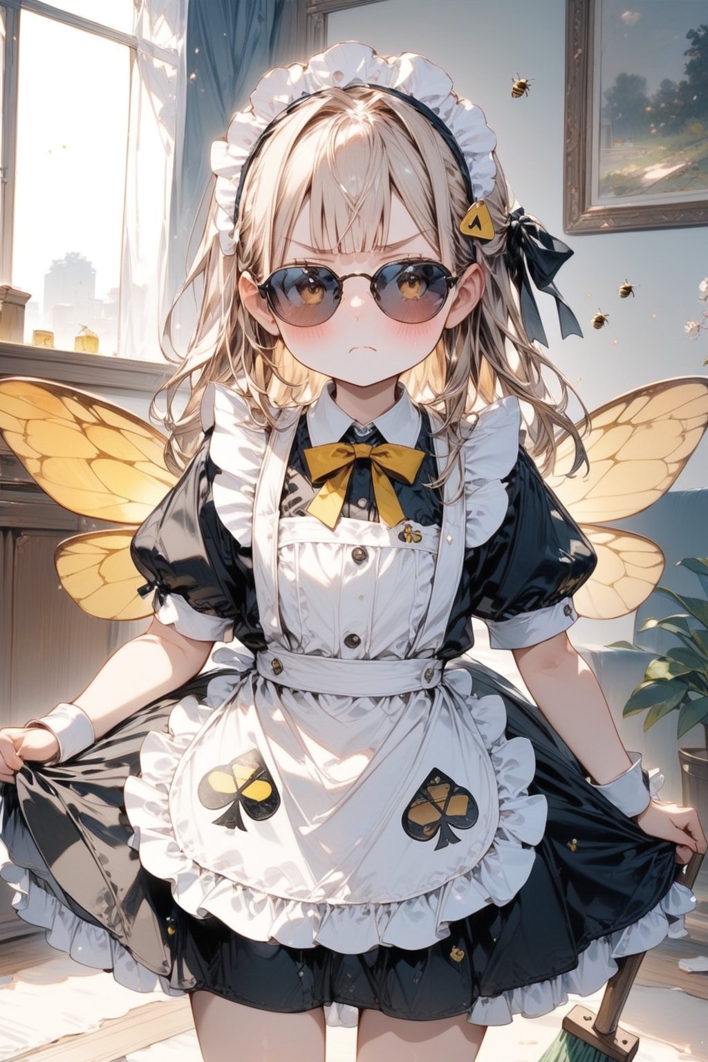 //quality, masterpiece:1.4, detailed:1.4, best quality:1.4,//,1girl,solo,loli,//,(yellow hair),(long hair),blunt bangs,//,(bee_wings), (sunglasses),(spades_symbols),bow,maid headband,maid_costume,,//,blush,closed_mouth,angry,//, holding mop,//,indoors,bees,room,cowboy_shot,Deformed,agtsg