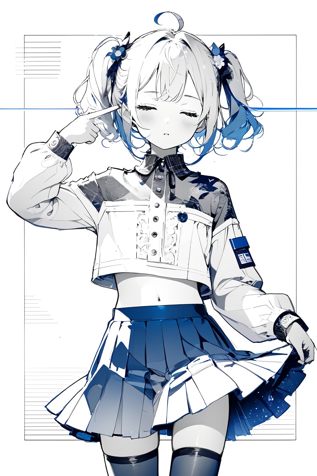 //quality, masterpiece:1.4, detailed:1.4,best quality:1.4,//,1girl,solo,loli,//,(short twintails),white hair,blue colored inner hair,ahoge,hair accessories,small chests,(closed_eyes),navel,//fashion,white crop top,long sleeves,blue skirt,thighhighs,//,blush,pov,//,standing,//,internet,blue data codes,blue glitch effect,dark,(greyscale),straight-on,Sketch,Gray scale,Monochrome,Pencil sketch,(finger gun to head)