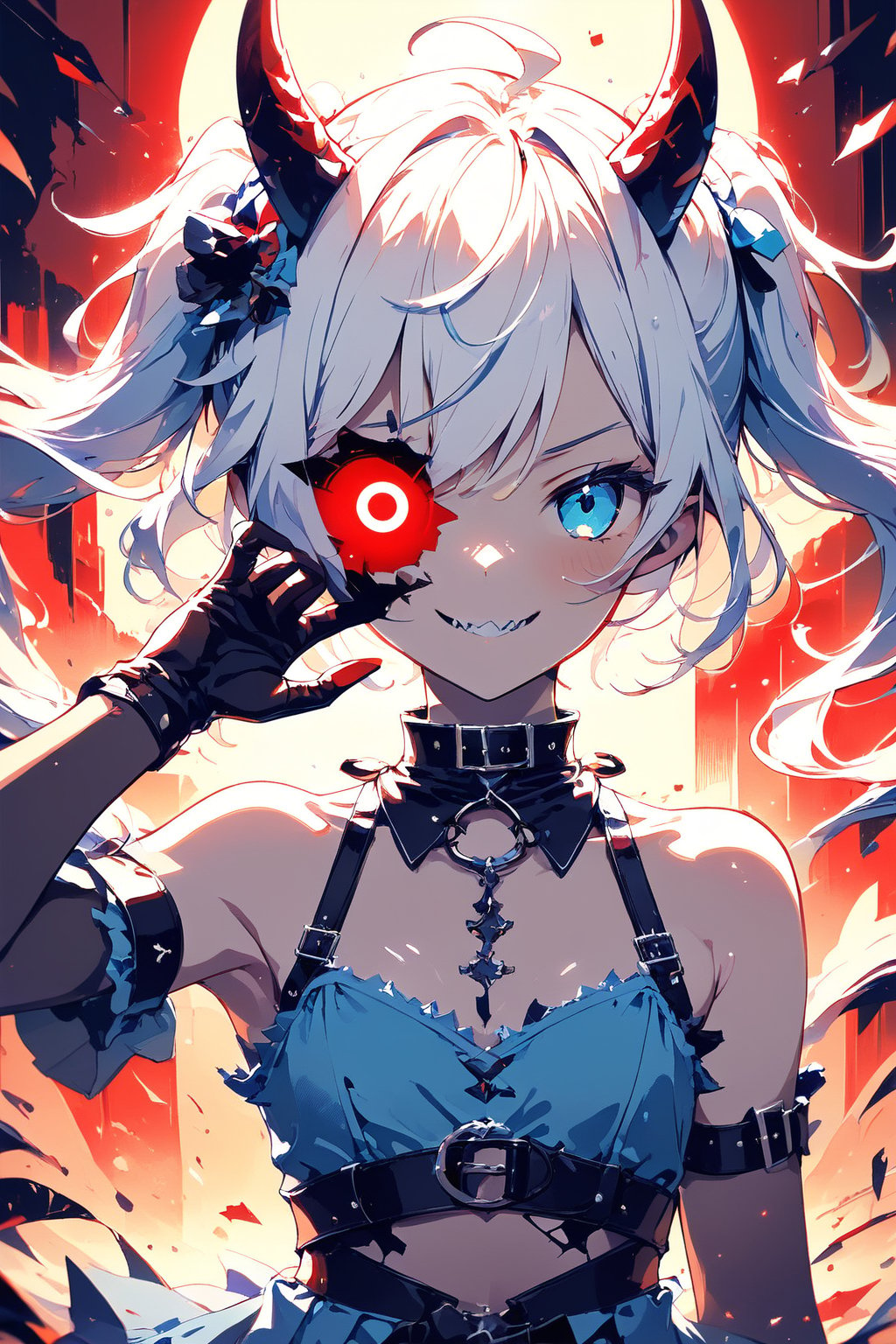 //quality, masterpiece:1.4, detailed:1.4,best quality:1.4,//,1girl,solo,loli,//,devil horns,((short twintails)),(two side up),(white hair),(blue colored inner hair),ahoge,hair accessories,small chests,navel,//fashion,white crop top,blue skirt with belt,//,close-up portrait,frown,blush,evil smile,cute_fangs,(smirk),pov,gloves,//,(one hand covering eye),covering one eye,blue eye,glowing eye,hand_up,//,warning signal,internet,red data codes,red glitch effect,dark red theme,straight-on,scenery,sunset,red sky, red backlighting,shards,brocken glass,transparent glass,pieces of glass,Made_of_pieces_broken_glass,face focus,dark anime,dark fantasy