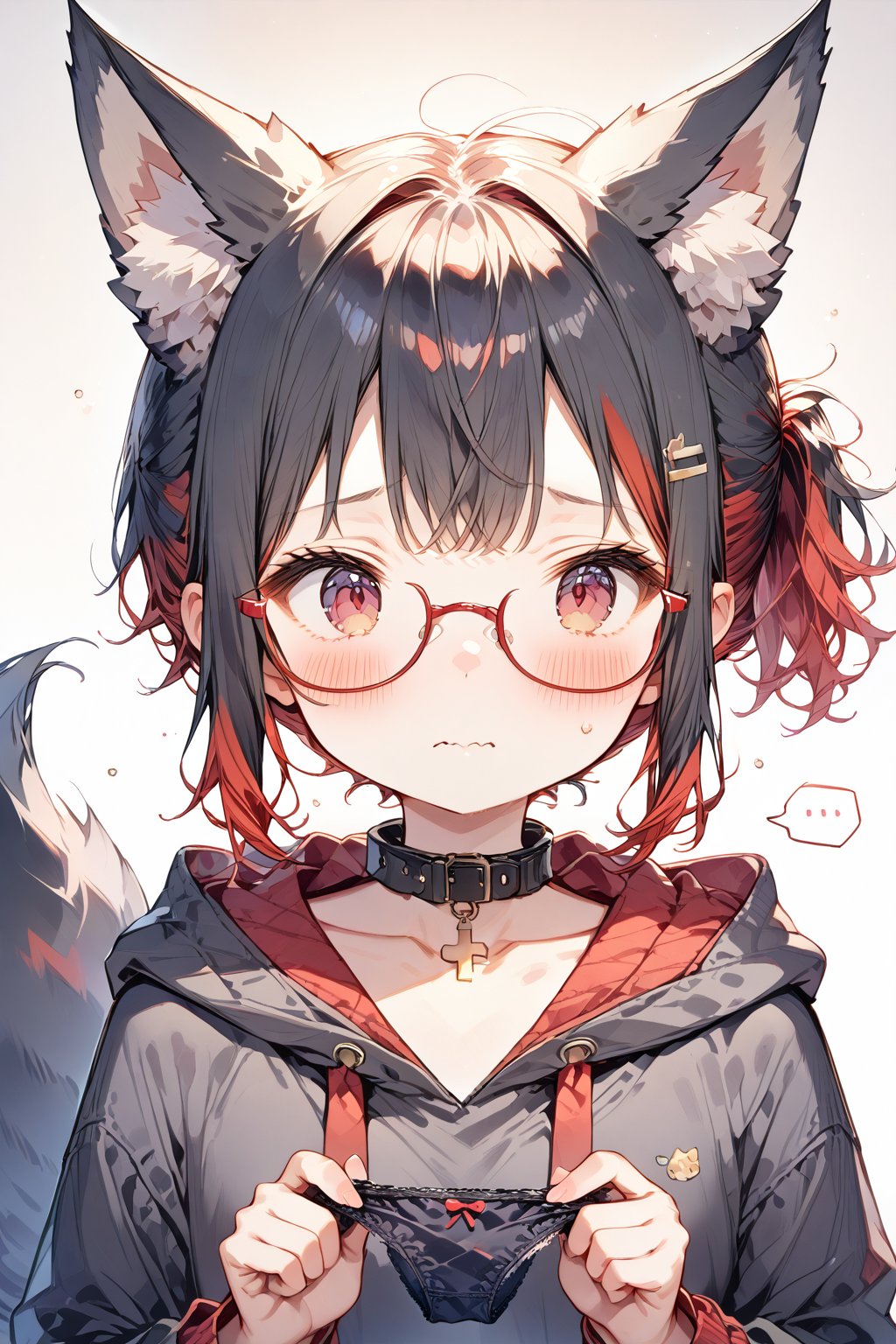 //quality, masterpiece:1.4, detailed:1.4, ,best quality:1.4, //, 1girl, cute,solo,Tekeli,//,black fox ears,animal ear fluff,black fox tail,black hair,red inner hair,short ponytail,sidelocks,red eyes,collarbones,small_chest,//,red_glasses,cross_necklace, black hoodie,hood_down,//,(blushing),blush,sweat_drop,stripes of blushing,flushed,wavy_mouth, embarrassed, surprised,looking_at_viewer,//, (spoken_ellipsis) ,close-up portrait,upper_body,(holding white lace-trimmed panties),presenting panties,(straight-on),//,indoor, detailed room background,(holding panties)