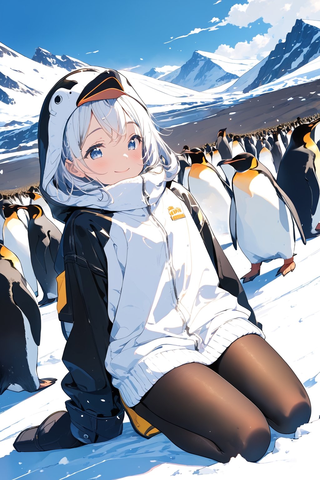 //quality, (masterpiece:1.331), (detailed), ((,best quality,)),//,1girl,(loli:1.1),(penguin_girl:1.3)//,white hair,detailed eyes,//,(penguin costume:1.3),(black and white penguin hood:1.4),(hood_up:1.1),long_sleeve,(black pantyhose:1.1), yellow boots,//,blush, happy_face,light smile,//,kneeling,(hugging a penguin:1.3),looking_at_penguins,//, (((penguins,lots of penguins,surrounding by penguins))),scenery,ice,ice land,ice mountain,blue sky,emo,fluffy fur,ice and snow,Penguin ,Bird 