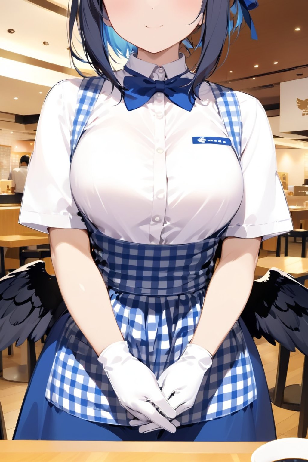 //quality, masterpiece:1.4, detailed:1.4, ,best quality:1.4,//,//quality, masterpiece:1.4, detailed:1.4, ,best quality:1.4,//,1girl,solo, waitress,(head_out_of_frame),close-up shot of chest,//,black_hair,hair intakes,short hair with long locks,blue inner hair,large chest,(black wings),big wings,wings focus,feather_wings, detailed wings,//, high-waist skirt, employee uniform, gingham apron, blue apron, blue skirt, short sleeves, white shirt, blue bowtie,blue bow,white gloves,//,mouth_open,//,own hands together,
,(straight-on),//,vibrant colors,Colorful art,KRU, indoors,restaurant, table, ceiling, lights, cup,ink paint,pov, modern restaurant,chairs, table, cup of coffee,KRU, indoors, blurry_background,black feather, focus on black feather,