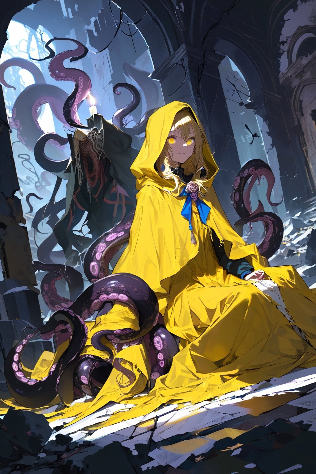 //quality, (masterpiece:1.4), (detailed), ((,best quality,)),//,(cowboy_shot:1.2),//,1girl,//,long hair,bangs, blonde hair,eye shadow, beautiful detailed eyes,flower-shaped pupils,//,long wide sleeves, yellow hood, yellow cloak, hood up, yellow robe,yellow dress,//,light smiling,facing_viewer,//,sitting,//,candle:1.2, (ruins), Tyndall effect,hallucination,fear,thriller,Cthulhu creature,(Cthulhu:1.3), evil:1.2,eldritch abomination, (tentacles:1.3), bubble, scylla, aliasing, hell,vine, dark, dark background, scenery,//,artint