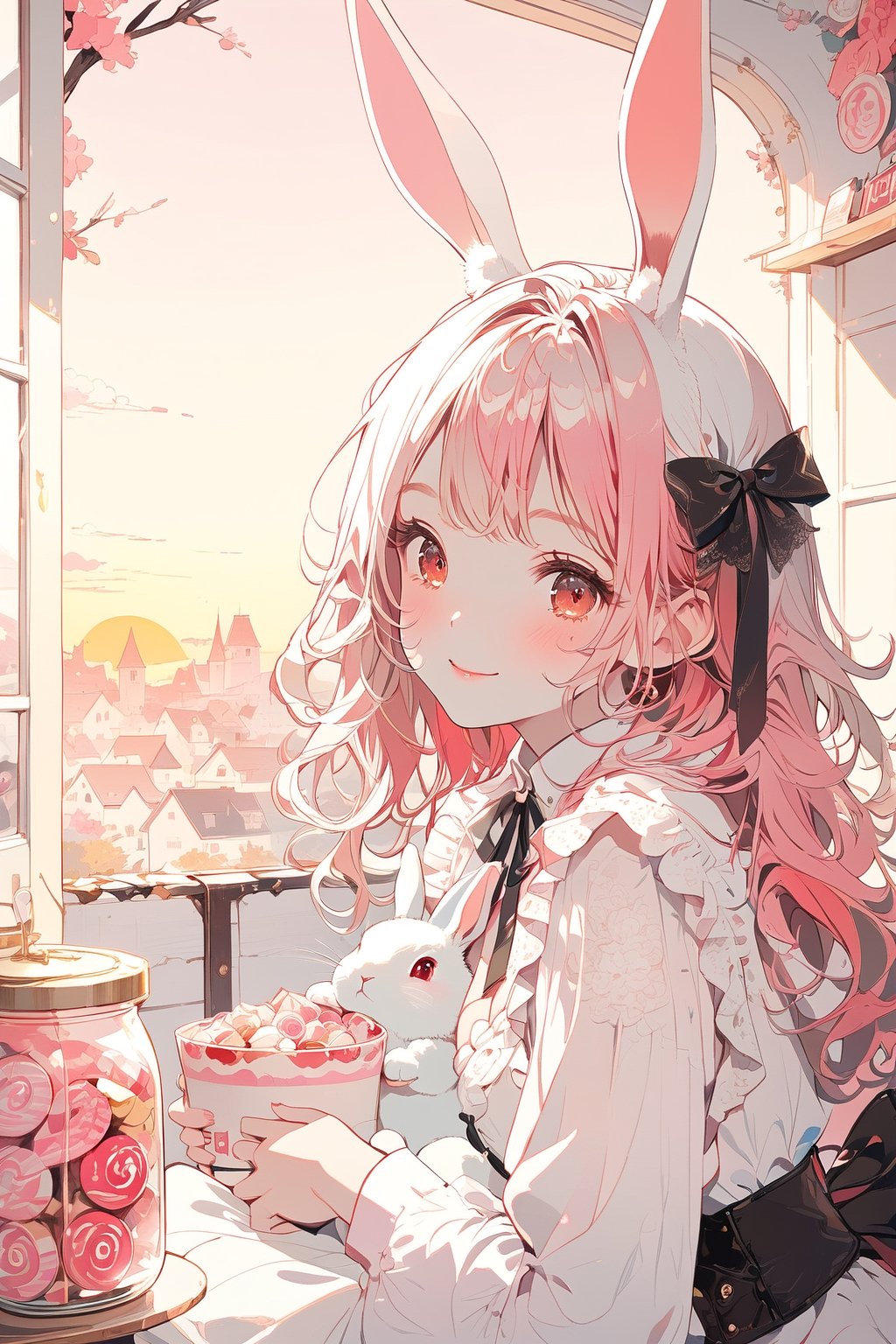 //quality, (masterpiece:1.4), (detailed), ((,best quality,)),//, cloes-up portrait,1girl,solo, rabbit_girl,//, (white rabbit_ears:1.3), (rabbit_tail:1.2),(pink hair:1.3),long_hair,curly_hair,hair_ribbons,ribbons,beautiful detailed eyes, (red eyes),breasts,//,fashion,//,blush,:), smile,//, hugging_rabbit,//, scenery, rabbits,candies,candy shop, window,pink tone,sunset, (straight-on:1.3),//,emo, cute 
