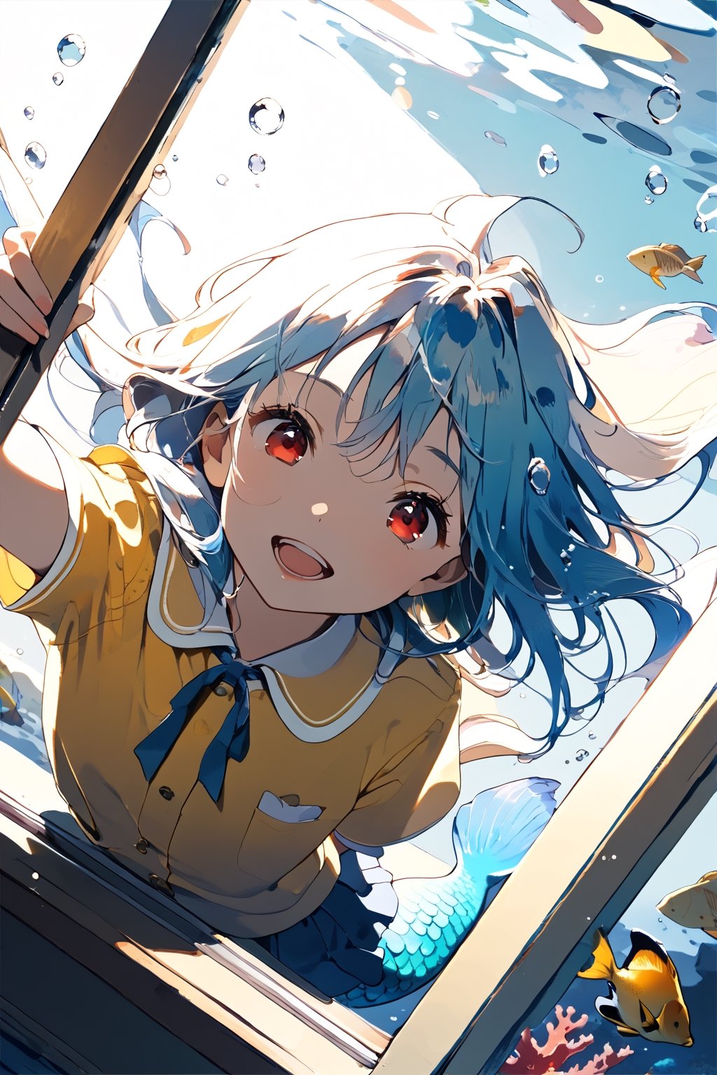 //quality, (masterpiece:1.4), (detailed), ((,best quality,)),//1girl,(mermaid:1.4),(loli:1.3), child,cute,//,(blue_hair:1.3),ahoge,floating_hair, detailed_eyes,(red eyes:1.2),//,bows,frilled,(yellow kindergarten uniform:1.3), yellow dress,//,(happy:1.2),smile,teeth,mouth_open,looking_up,//,(arm support on window),(facing_viewer, straight-on:1.4),//,(classroom:1.4), window, underwater,(fish:1.2), bubbles,close_up,from outside window