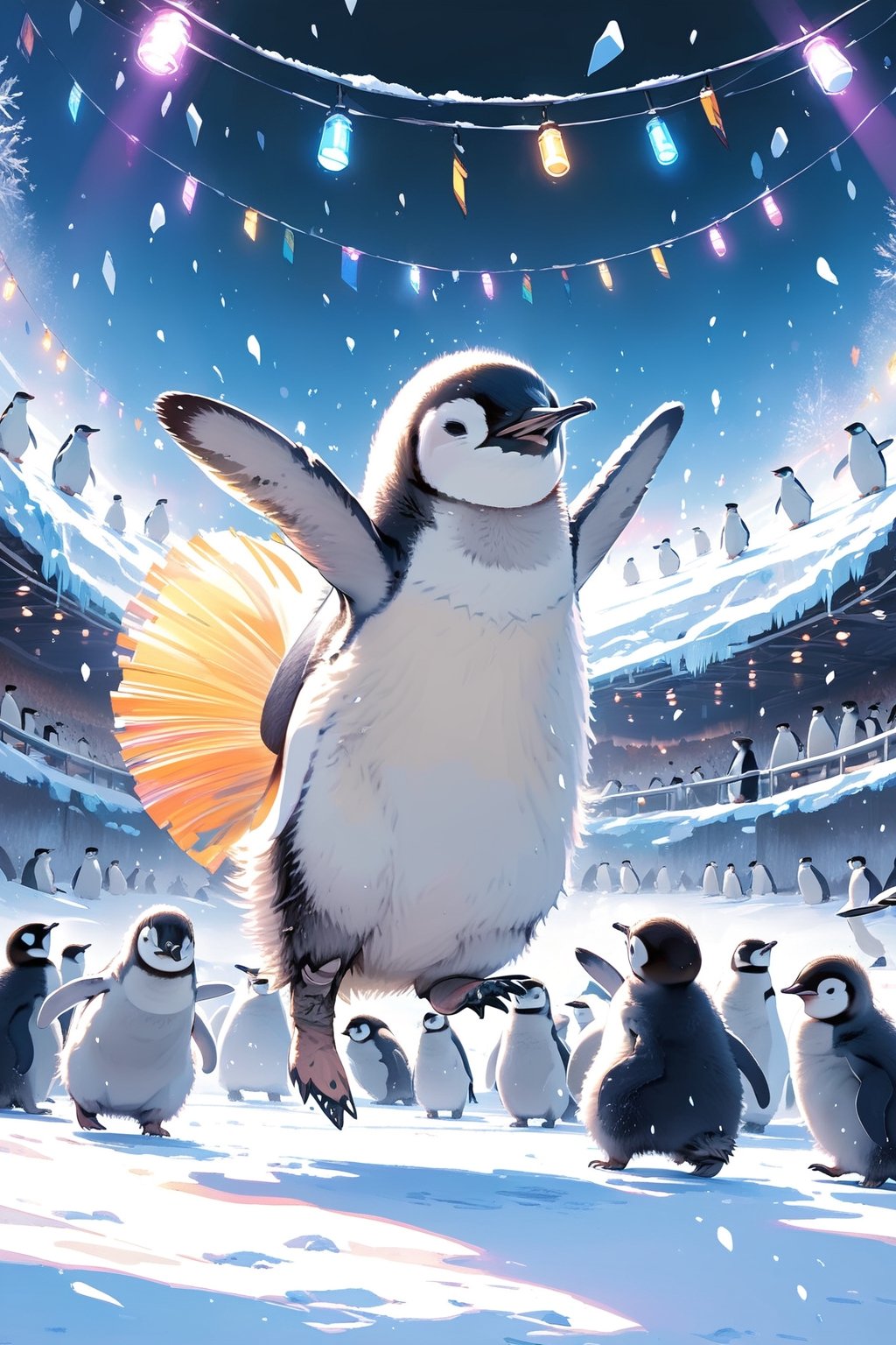 //quality, (masterpiece:1.331), (detailed), ((,best quality,)),//,close up to penguins,lots of dancing penguins, (too many dancing penguins:1.3), (dancing:1.4),cute, adorable,(dynamic pose),(one feet_up),scenery,ice,ice land,ice and snow,Penguin ,Bird,Animal ,dynamic angle,3D cartoon, (on the stage:1.3),(colorful lights:1.2),audience under the stage, outdoor concert, 