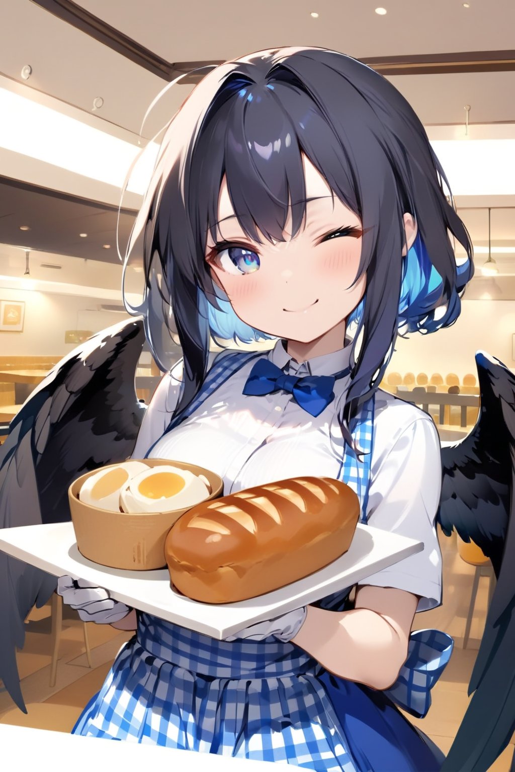 //quality, masterpiece:1.4, detailed:1.4, ,best quality:1.4,//,1girl, waitress,//,black_hair,hair intakes,short hair with long locks,blue inner hair, detailed eyes, glowing eyes, darkblue eyes,large chest,(black wings),big wings,wings focus,feather_wings, detailed wings,//, high-waist skirt, employee uniform, gingham apron, blue apron, blue skirt, short sleeves, white shirt, blue bowtie,blue bow,white gloves,//,blush, smile,looking_at_viewer,head_tilt,wince,//,holding dishes of bread, (straight-on),//,vibrant colors,Colorful art,KRU, indoors,restaurant, table, ceiling, lights, cup,ink paint,pov,