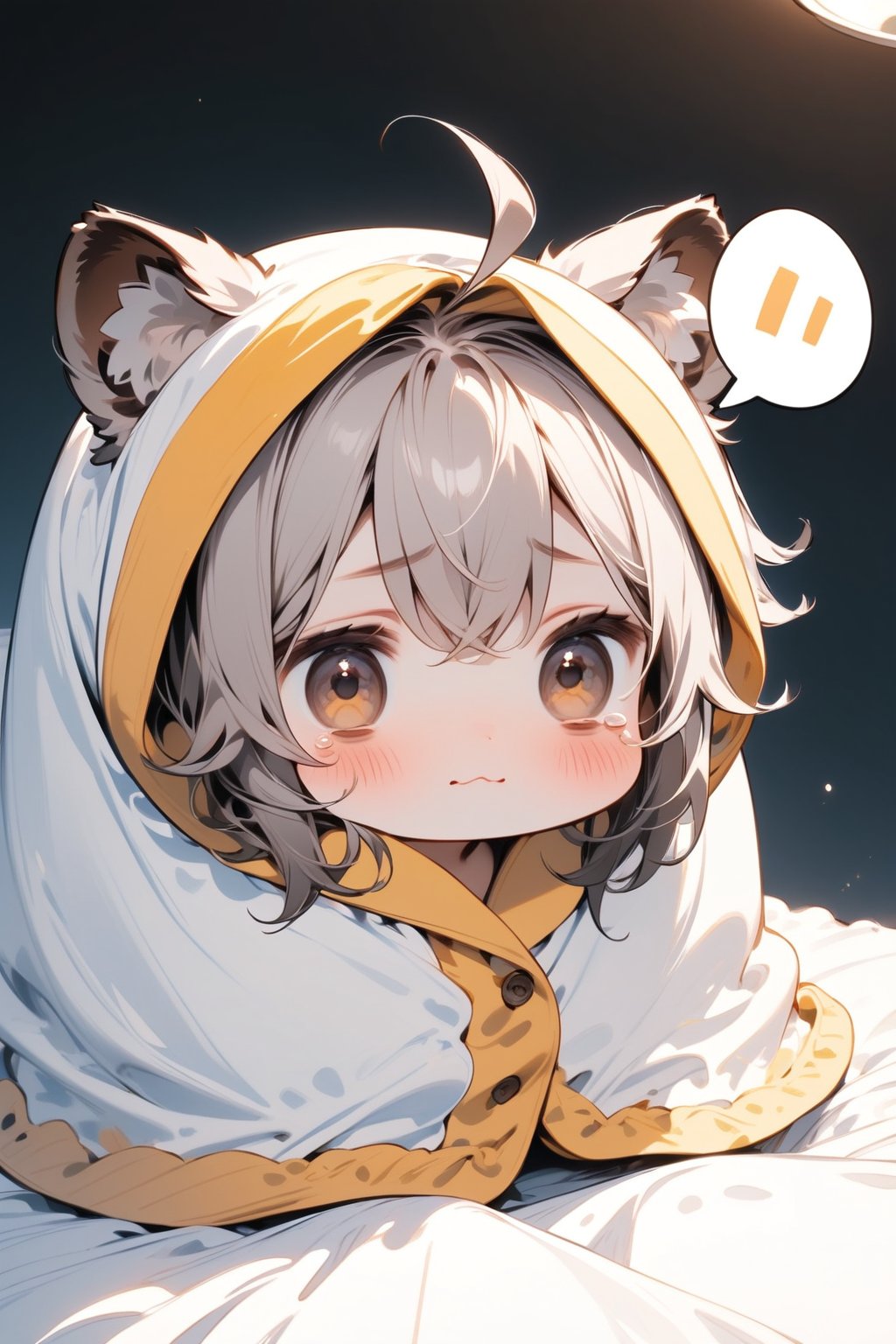 //quality, masterpiece:1.4, detailed:1.4,best quality:1.4,//,1girl,solo,//,raccoon girl,gray raccoon ears, animal ear fluff,gray hair, messy hair,ahoge, medium hair, brown eyes,detailed eyes,//,hair_accessories,accessories,pajamas,(wrapped blanket), white blanket,(head covering blanket),//,> <,blush,hold back one's tears, wavy_mouth, closed_mouth,bags_under_eyes,(bags under eyes),//,sitting on bed, (hiding under blanket),//,indoor,dark background, bedroom, white blanket,comfyblanket,chibi,tearing up,(((spoken speech bubble with Title Text "OK...")))