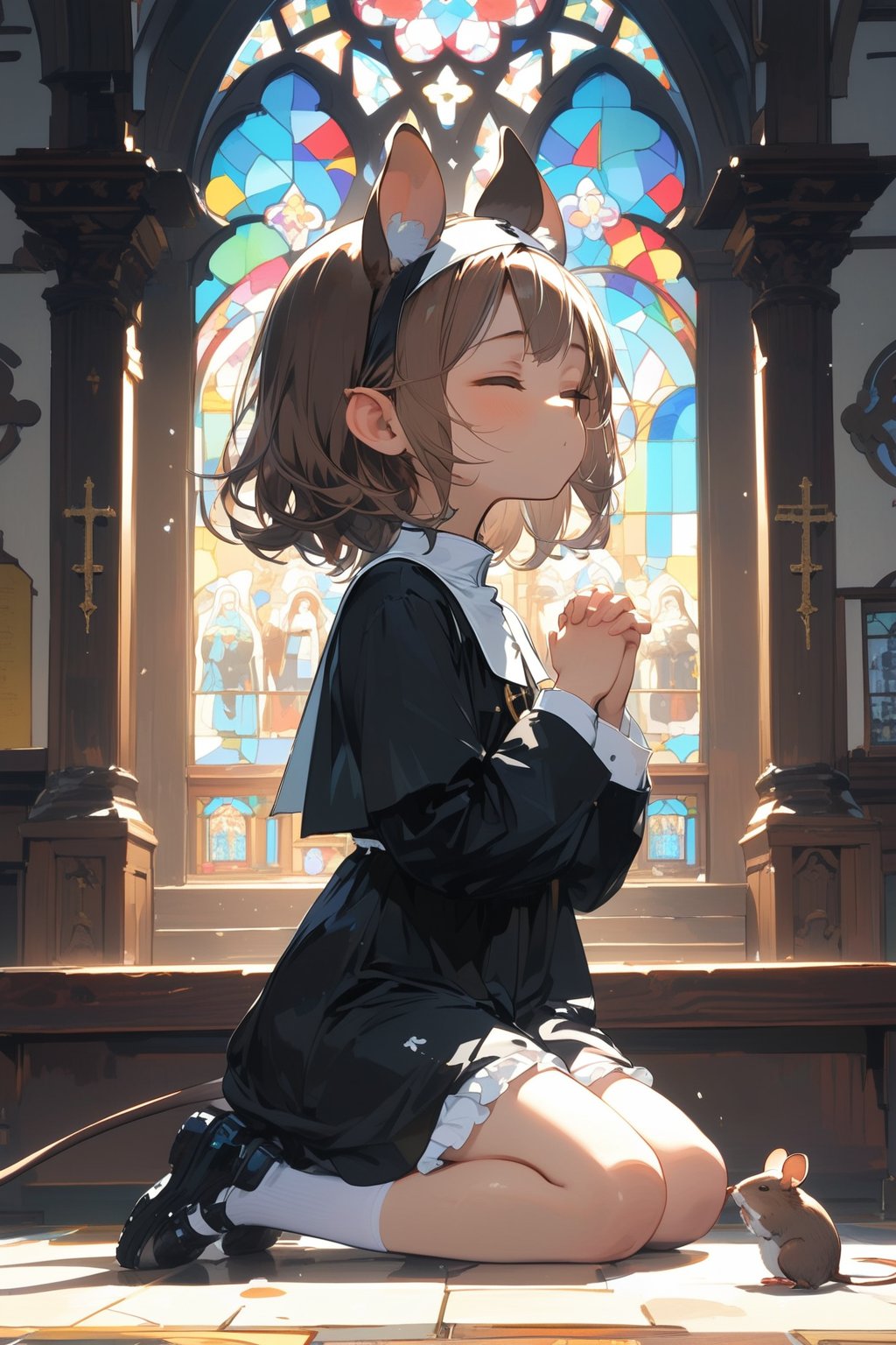 //quality, masterpiece:1.4, detailed:1.4,best quality:1.4,//,1girl,solo,loli,//, brown mouse_ears,mouse_tail,animal ear fluff, medium hair, brown hair, closed_eyes,//, black nun headscarf,(black nun costume),white thighhgihs,shoes_removed,//,closed_mouth,//,kneeling, praying,own hands clasped,from_side,//,indoor, church ,stained glass,carved woodwork,dal-6 style