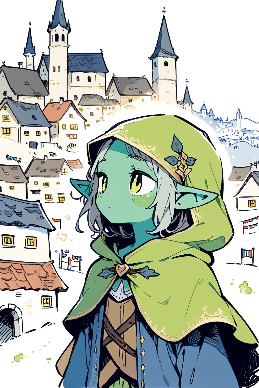 //quality, masterpiece:1.4, detailed:1.4,best quality:1.4,//,(doodle style),doodle art, children's drawings,//,goblin,pointed_ears,(((green skin))),1girl,solo,//, medieval clothes,hood up, cloak,face mask,//,:>, //,town, surrounding by elf, white background,doodleredm,cute,Deformed,cute comic