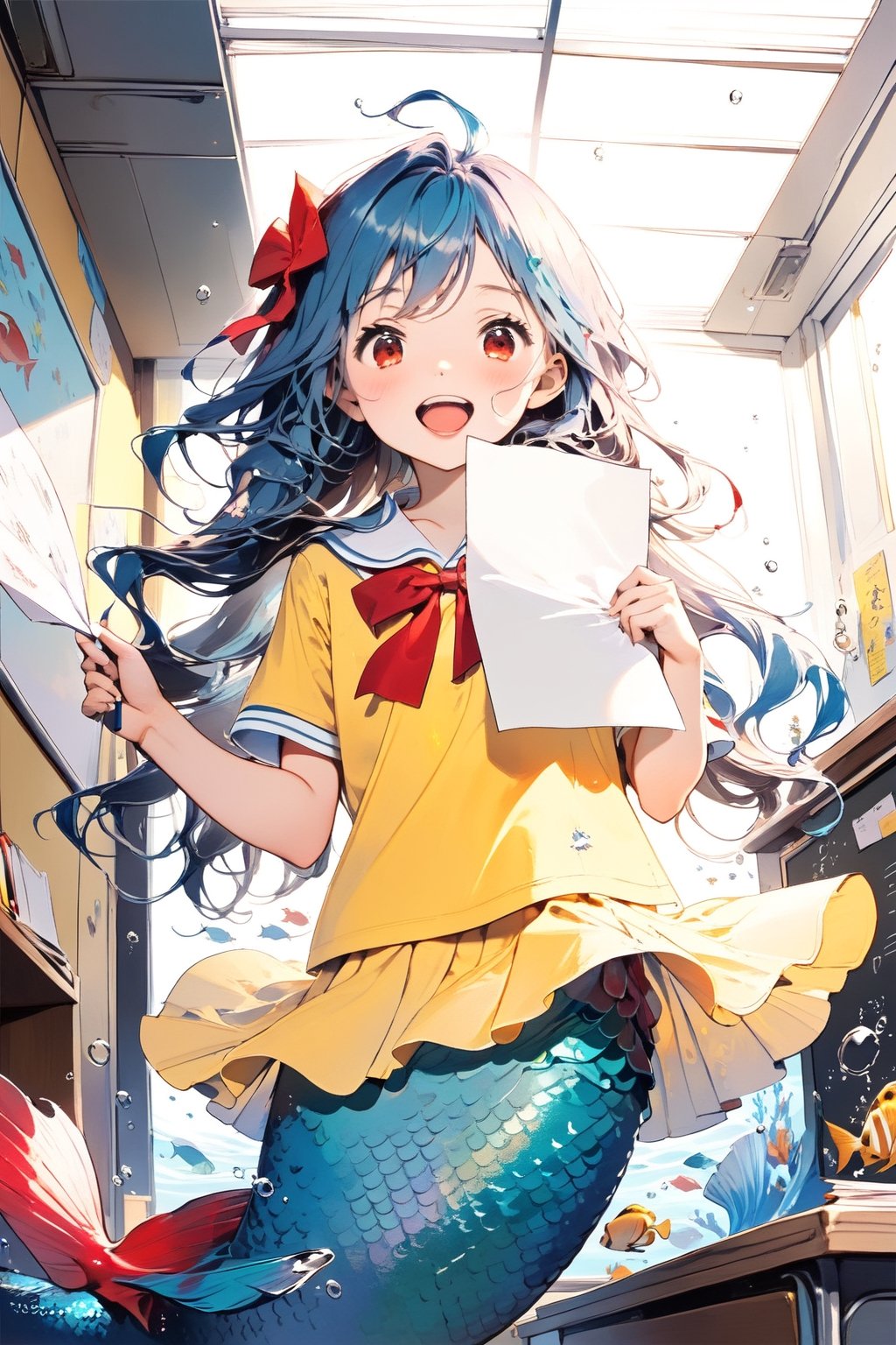 //quality, (masterpiece:1.4), (detailed), ((,best quality,)),//1girl,(mermaid:1.4),(loli:1.3), child,cute,//,(blue_hair:1.3),ahoge,floating_hair, detailed_eyes,(red eyes:1.2),//,bows,(yellow kindergarten uniform:1.3), yellow dress,//,smile,mouth_open,teeth,//,(holding paper:1.1),(facing_viewer, straight-on:1.4),//,(classroom:1.4), (back_against_wall:1.1), (blackboard:1.3),(indoors:1.3),detailed room, underwater,(fish:1.2), bubbles,close_up,( comic:1.4)