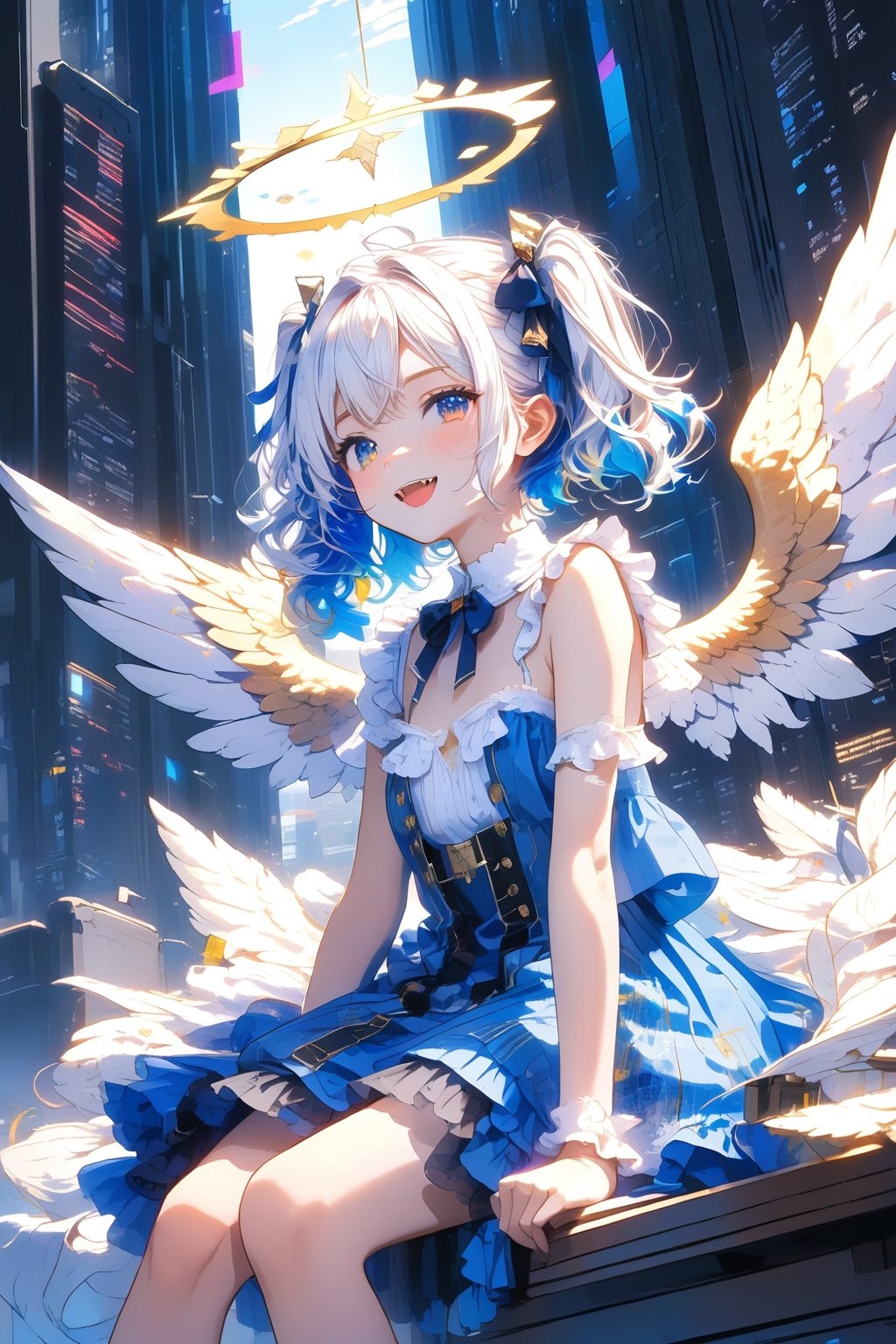 [Angel ଘ( ˊᵕˋ )ଓ TensorArt:0.00]//quality, (masterpiece:1.331), (detailed), ((,best quality,)),//portrait,//,1girl,solo,loli, (angel:1.331),//,(short twintails:1.331),(white hair:1.3),(blue hair:1.2),(colored inner hair:1.4),ahoge,(halo:1.331),hair_accessories,(small_breasts:1.331), blue eyes,beautiful detailed eyes,glowing eyes,(angel_wings),//,lolita,(white topwear:1.21),(blue_dress: 1.331),//, smile ,cute_fangs, looking at viewer,//, sitting,//,internet,line code,(data codes:1.331), (glitch effect:1.331),(scenery:1.331), computer, table,//,