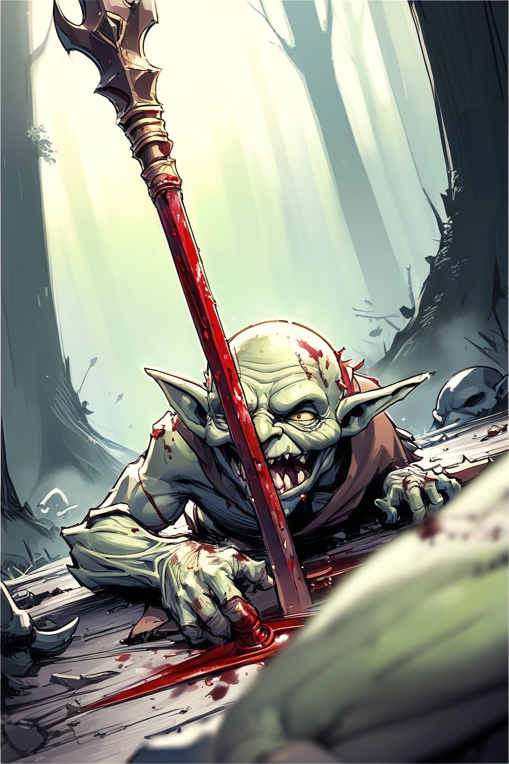 //quality, (masterpiece:1.331), (detailed), ((,best quality,)),//,goblin,mouth_open,painful,((marco photo of spear went through the goblin's body)),(pov spear:1.4),(body focus:1.4),injury,wounded_body,upside_down, blood splatter,blood,//,forest,goblin,