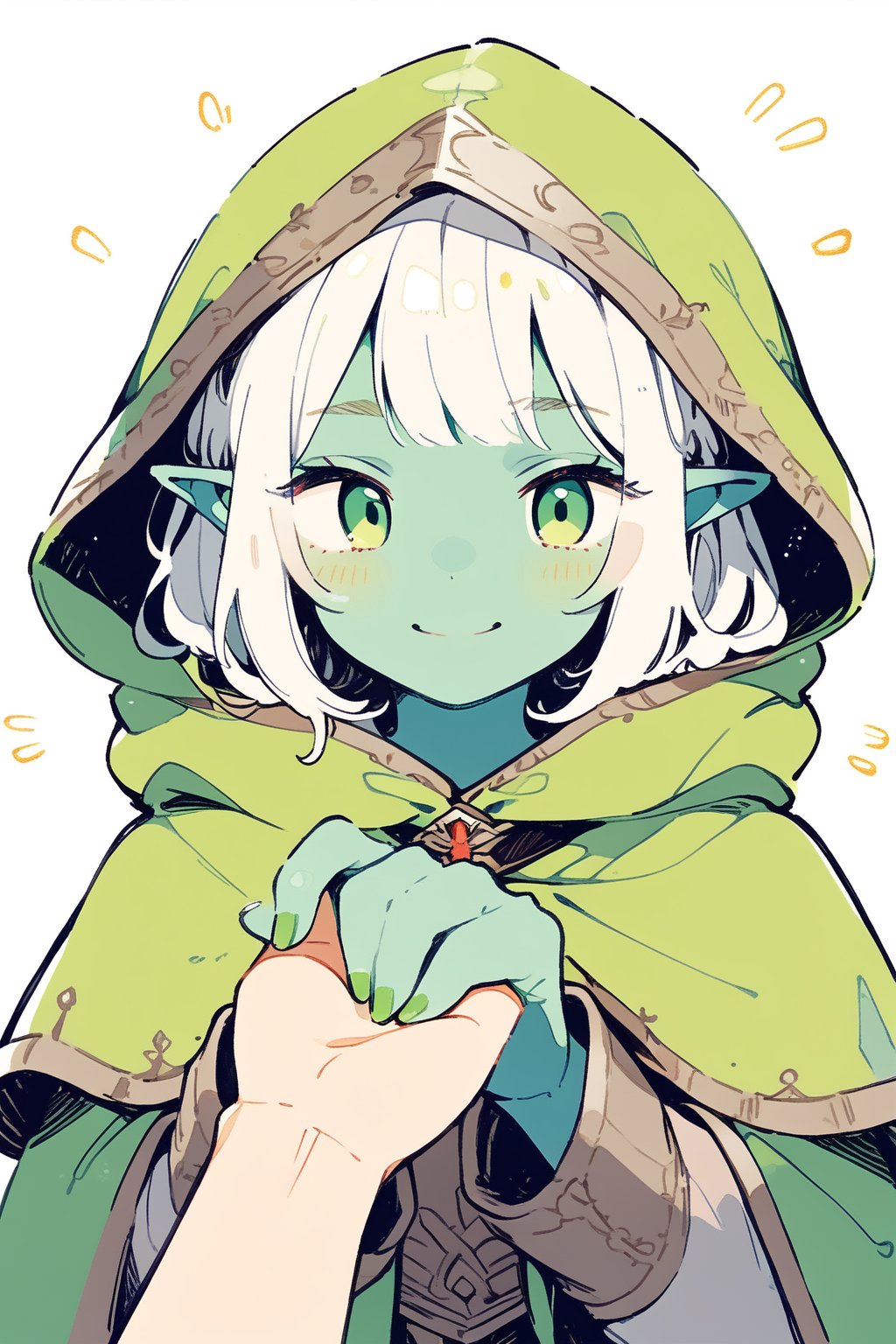 //quality, masterpiece:1.4, detailed:1.4,best quality:1.4,//,(doodle style),//,goblin,pointed_ears,(((green skin))),1girl,solo,sidelocks,white hair, green eyes,//, medieval clothes,hood down, green cloak,//,shy,smile,close-up, straight-on,reaching_out,//,white background,cute comic,BREAK,(pov girl hand holding hands)
