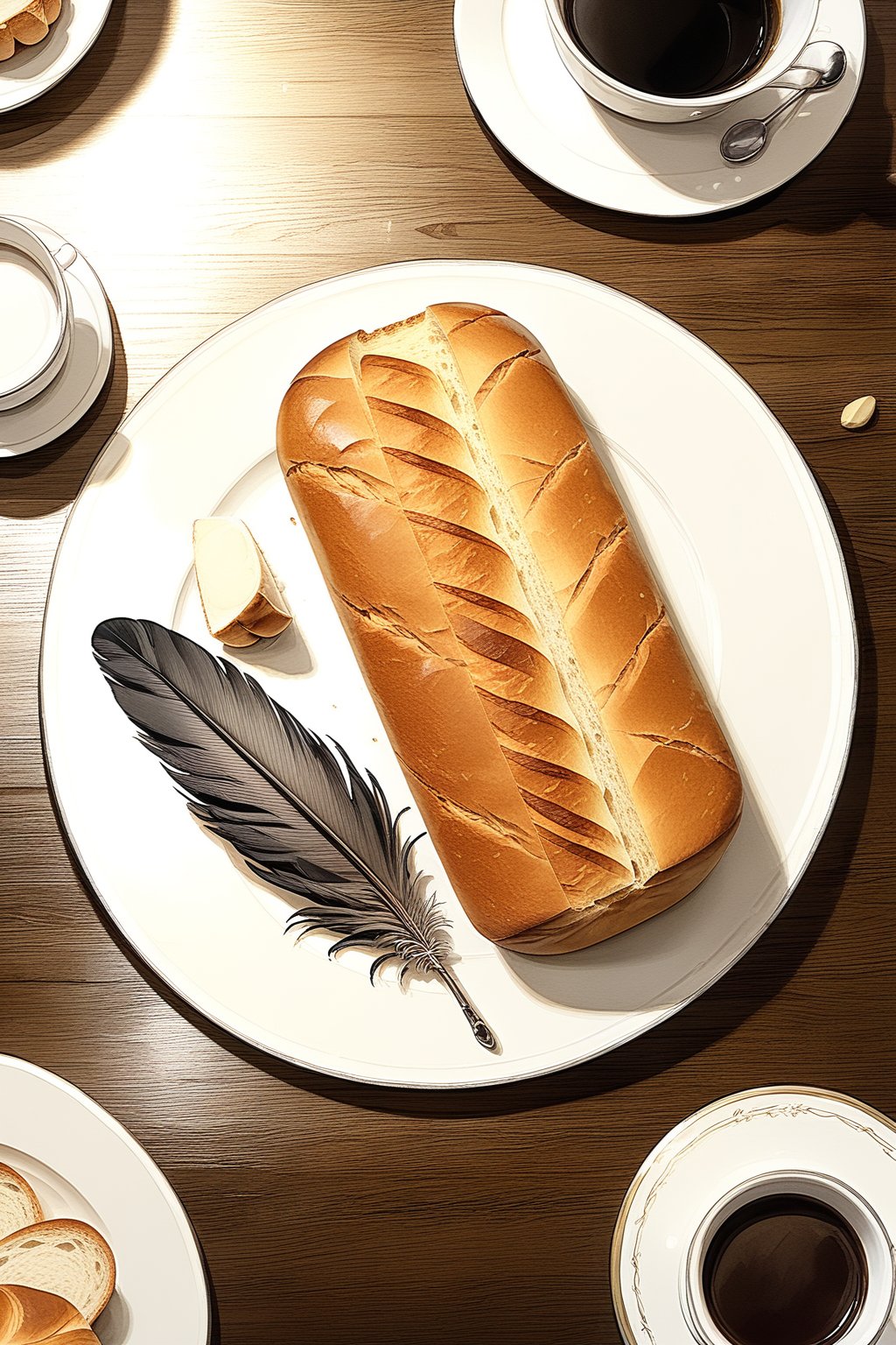 //quality, masterpiece:1.4, detailed:1.4, ,best quality:1.4,//,(no humans),a dish of bread on table,black feather, focus on black feather, detailed feather,from_above, detailed bread, modern restaurant, table, cup of coffee,KRU, indoors, blurry_background 