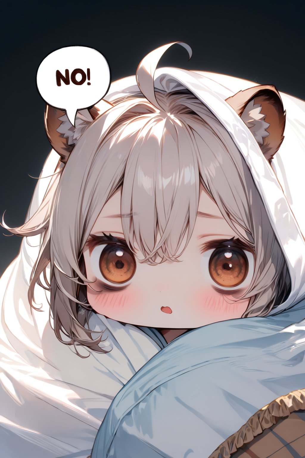 //quality, masterpiece:1.4, detailed:1.4,best quality:1.4,//,1girl,solo,//,raccoon girl,gray raccoon ears, animal ear fluff,gray hair, messy hair,ahoge, medium hair, brown eyes,detailed eyes,//,hair_accessories,accessories,pajamas,(wrapped blanket), white blanket,(head covering blanket),//,> <,blush,sleepy, wavy_mouth,mouth_open,bags_under_eyes,(bags under eyes),//,sitting on bed, (hiding under blanket),//,indoor,dark background, bedroom, white blanket,comfyblanket,chibi,(((spoken words with Text "NO!")))