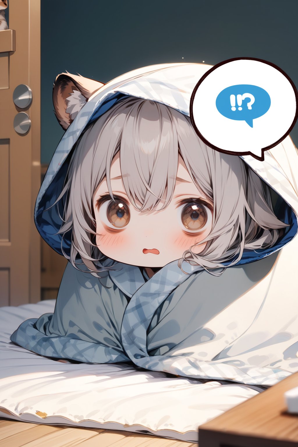 //quality, masterpiece:1.4, detailed:1.4,best quality:1.4,//,1girl,solo,//,raccoon girl,gray raccoon ears, animal ear fluff,gray raccoon tail,gray hair, messy hair,ahoge, medium hair, brown eyes,detailed eyes,//,hair_accessories,accessories,pajamas,(wrapped blanket), blanket,(head covering blanket),//,> <,blush,sleepy, wavy_mouth,mouth_open,bags_under_eyes,(bags under eyes),//, sitting on bed, (hiding under blanket),//,indoor, bedroom, blanket ,(((spoken words with Text "NO!!!"))),comfyblanket,chibi