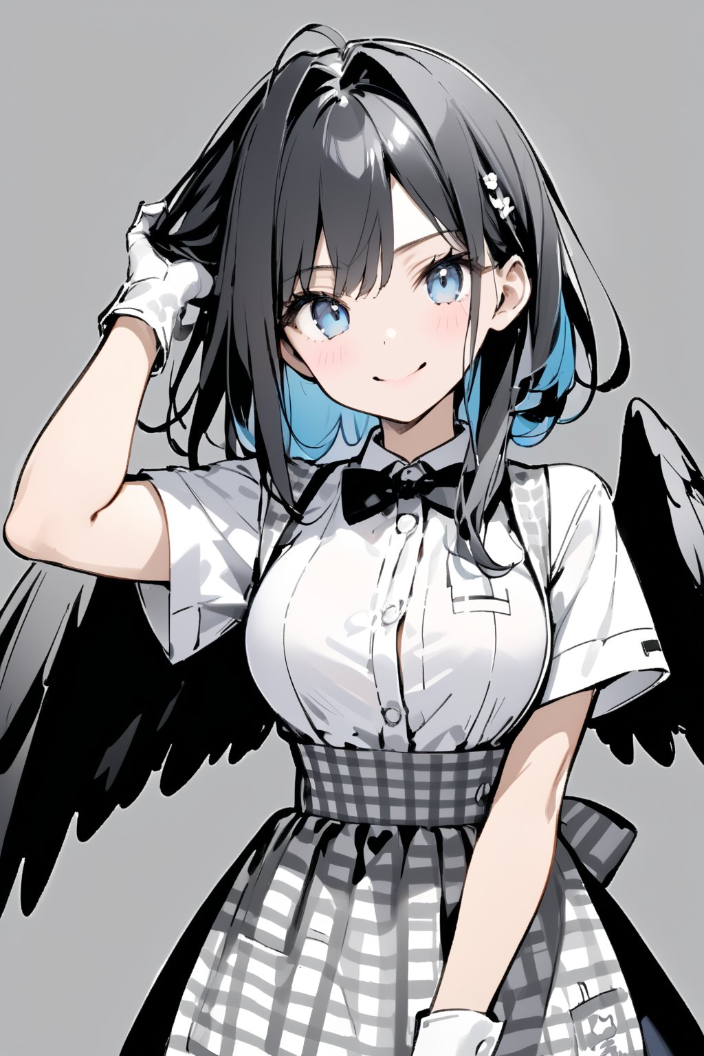 //quality, masterpiece:1.4, detailed:1.4, ,best quality:1.4,//,1girl,solo, waitress,//,black_hair,hair intakes,short hair with long locks,blue inner hair, detailed eyes, glowing eyes, darkblue eyes,(large chest),(black wings),big wings,feather_wings, detailed wings,//, bow, bowtie, white shirt, short sleeves, apron, gingham apron, employee uniform, high-waist skirt,white gloves,//,blush, smile,looking_at_viewer,head_tilt,wince,winking,;),//,hands_raised,adjusting_hair,close-up portrait,//,paper drawing,Sketch book,(Sketch),rough stretch,(Gray scale),(Monochrome),Pencil sketch,flat style,