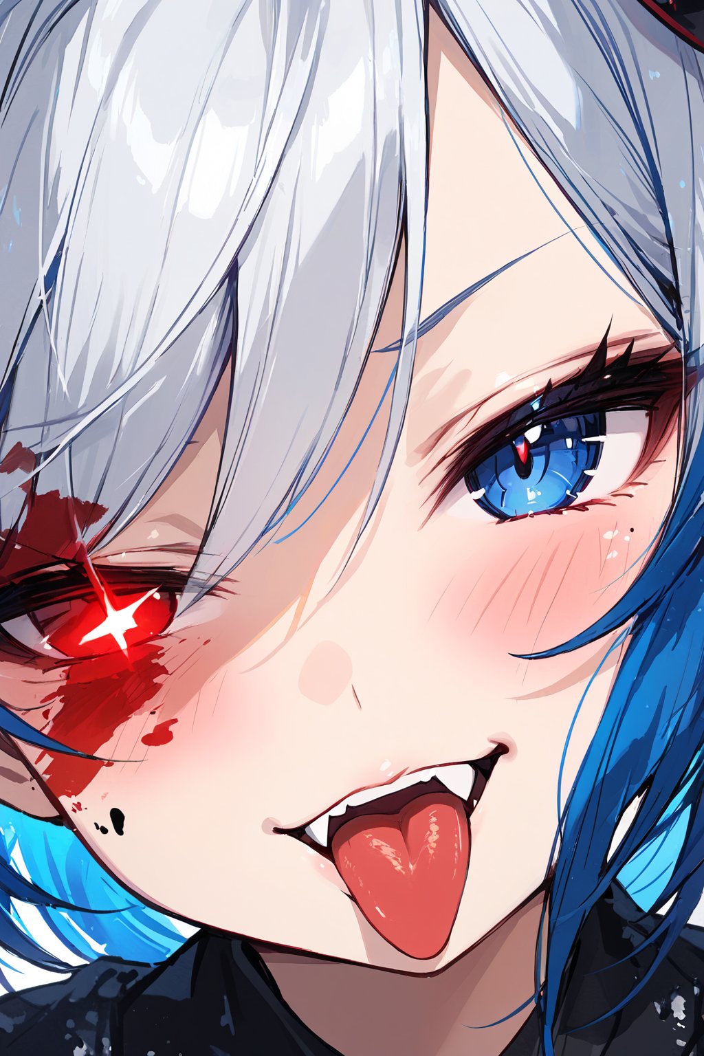 Σ(*ﾟдﾟﾉ)ﾉ The TensorArt-chan////quality, masterpiece:1.4, detailed:1.4, ,best quality:1.4, //, 1girl,solo,cute,//,(short twintails),(white hair),(blue inner hair),ahoge,beautiful detailed eye,glowing eye,red eye,right eye,//,naughty_face,blush,smirk,frowning,cute_fangs,detailed tongue,(tongue out),looking at viewer,(half-face shot and one eye focus),ink paint