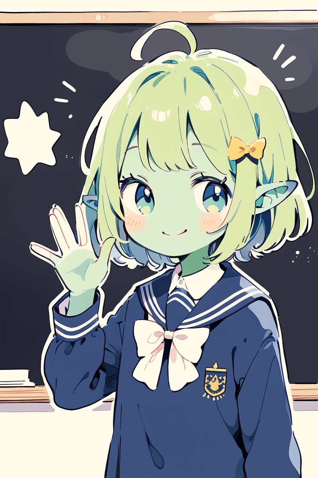 //quality, masterpiece:1.4, detailed:1.4,best quality:1.4,//,(doodle style),//,goblin,pointed_ears,(((green skin))),1girl,solo,ahoge,green hair, medium_hair, straight_hair, blue_eyes,//,(darkblue school_uniform),bow,//,waving,smile,//, straight-on, blackboard,cute comic,
