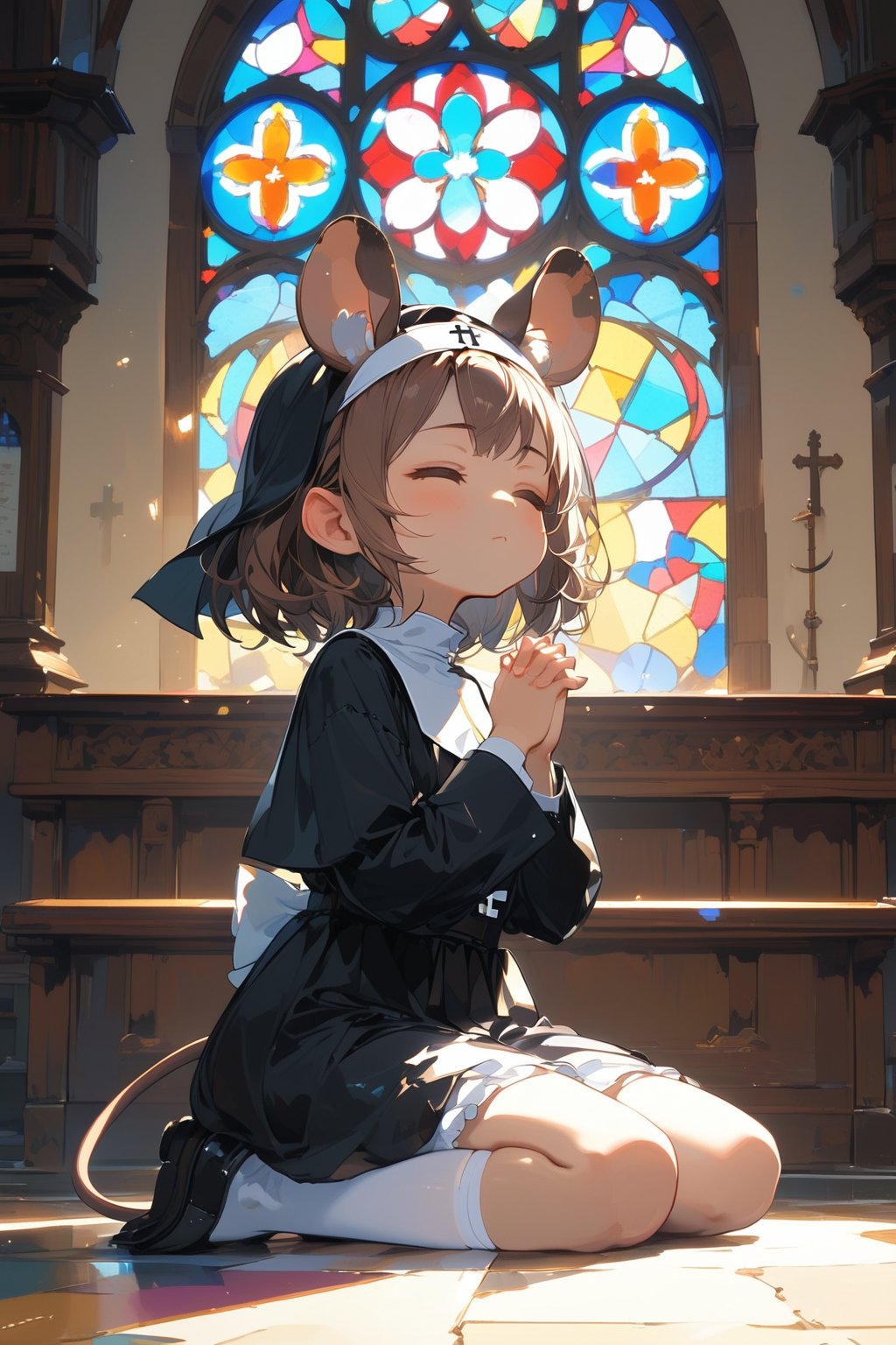 //quality, masterpiece:1.4, detailed:1.4,best quality:1.4,//,1girl,solo,loli,//, brown mouse_ears,mouse_tail,animal ear fluff, medium hair, brown hair, closed_eyes,//, black nun headscarf,(black nun costume),white thighhgihs,//,closed_mouth,//,kneeling, praying,own hands clasped,//,indoor, church ,stained glass,carved woodwork,dal-6 style