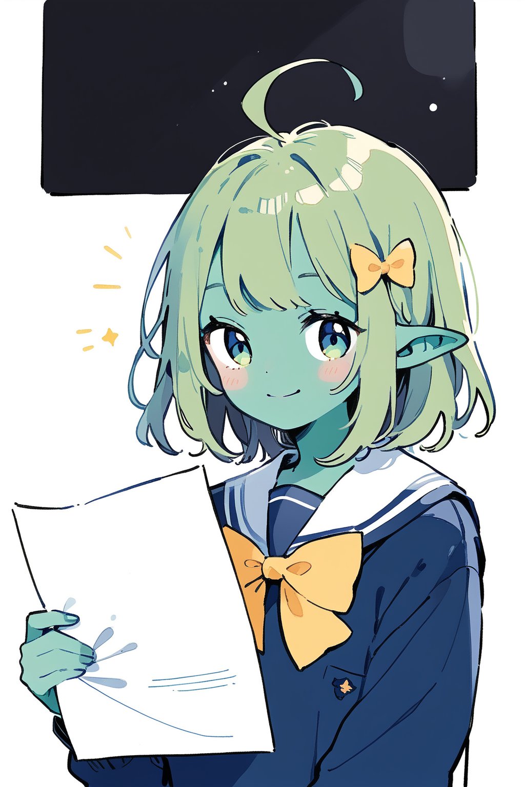 //quality, masterpiece:1.4, detailed:1.4,best quality:1.4,//,(doodle style),//,goblin,pointed_ears,(((green skin))),1girl,solo,ahoge,green hair, medium_hair, straight_hair, blue_eyes,//,(darkblue school_uniform),bow,//,(waving),one hand holding paper,smile,//, straight-on, blackboard,cute comic,upper_body
