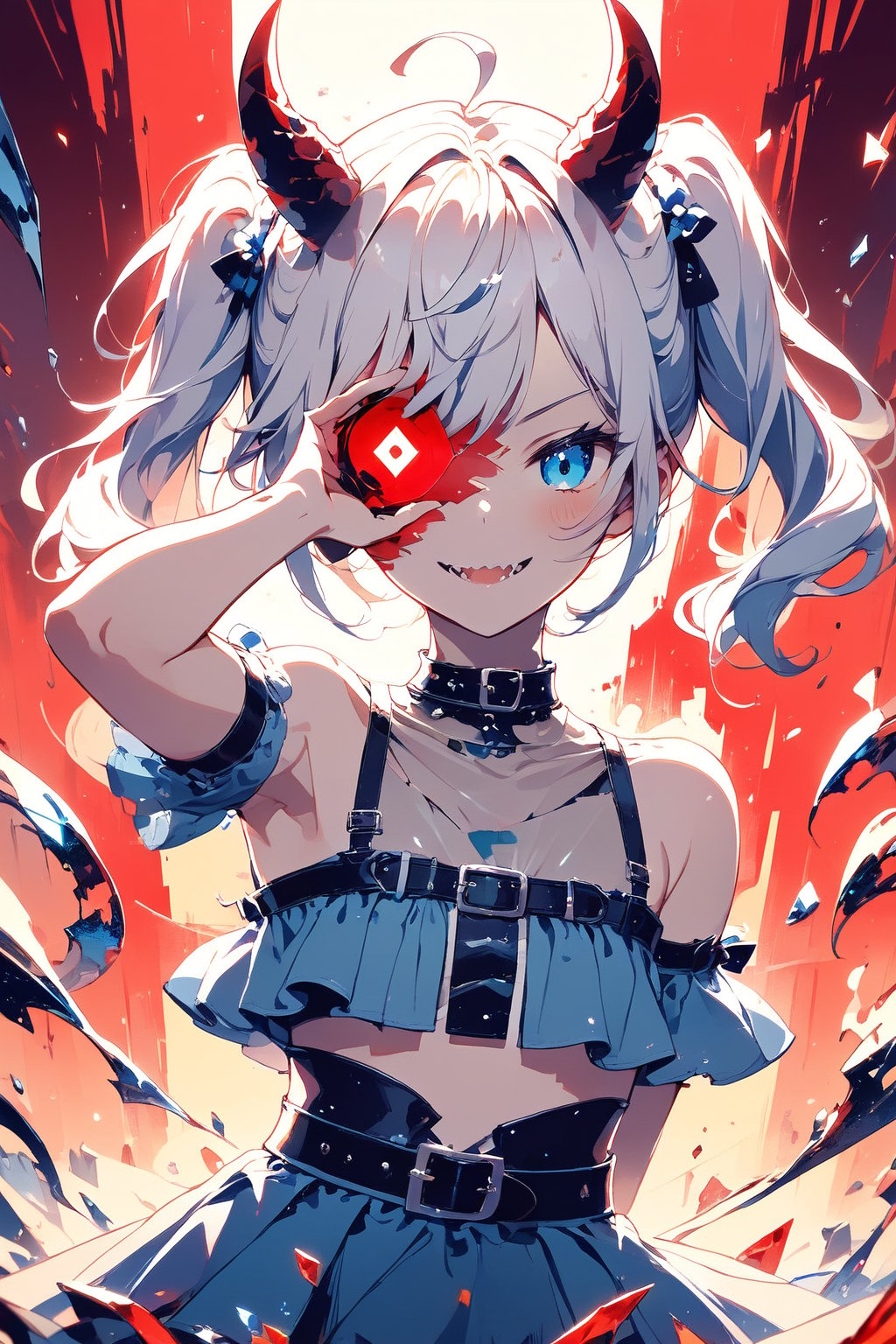 //quality, masterpiece:1.4, detailed:1.4,best quality:1.4,//,1girl,solo,loli,//,devil horns,((short twintails)),(two side up),white hair,blue colored inner hair,ahoge,hair accessories,small chests,navel,//fashion,white crop top,blue skirt with belt,//,close-up portrait,frown,blush,evil smile,cute_fangs,(smirk),pov,//,(one hand covering eye),covering one eye,blue eye,glowing eye,hand_up,//,warning signal,internet,red data codes,red glitch effect,dark red theme,straight-on,scenery,sunset,red sky, red backlighting,shards,brocken glass,transparent glass,pieces of glass,Made_of_pieces_broken_glass,face focus,dark anime,dark fantasy