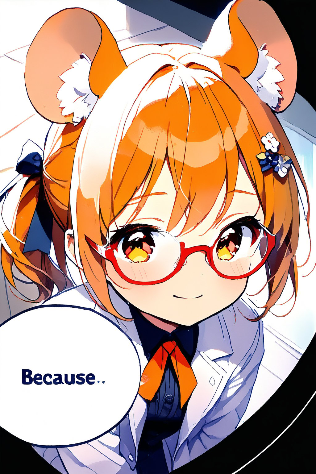 //quality, masterpiece:1.4, detailed:1.4,best quality:1.4,//,1girl,chibi,solo,loli,//,mouse_ears,mouse_tail, animal ear fluff,orange_hair,short ponytail,sidelocks,orange_eyes,detailed eyes,//,hair_accessories,ribbons,round glasses,white lab coat,pleated skirt,//,blush,embarassed,light smile,closed_mouth,looking_down,looking_at_viewer,//,close up portrait,arm_outstretched, straight-on,//,indoor,dark background, bedroom,((((speech bubble with Title text reads as "BECAUSE..." )))),((Chibi character))