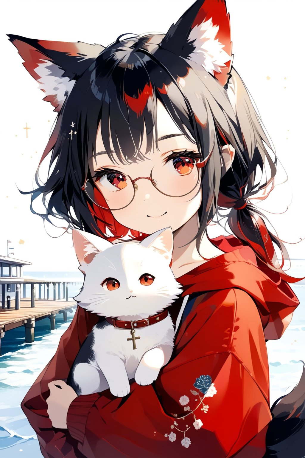 //quality, masterpiece:1.4, detailed:1.4, ,best quality:1.4, //, 1girl, cute,solo,Tekeli,//,black fox ears,animal ear fluff,black fox tail,black hair,red inner hair,short ponytail,sidelocks,collarbones,red eyes,small_chest,//, fashion,red_glasses,cross_necklace, hoodies,hood down,//,blush,smile,//, hugging cat, cowboy shot,//,outdoor,pier,sea,ink paint, surrounding by cat