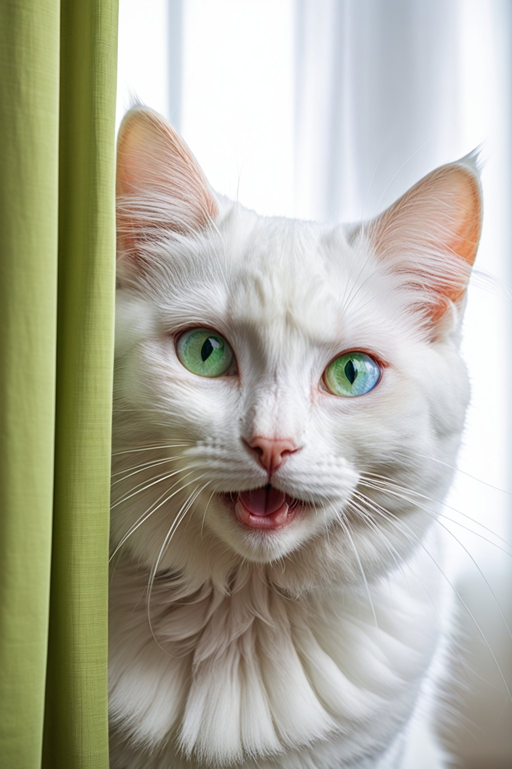 //quality, masterpiece:1.4, detailed:1.4,best quality:1.4,//,white cat,cute,animal ear fluff,((one green_eye:1.2)),(one blue_eye:1.1),(((heterochromia:1.6))),curtains,peeking out upper body,smile,:3, tongue_out,looking_at_viewer,close_up portrait