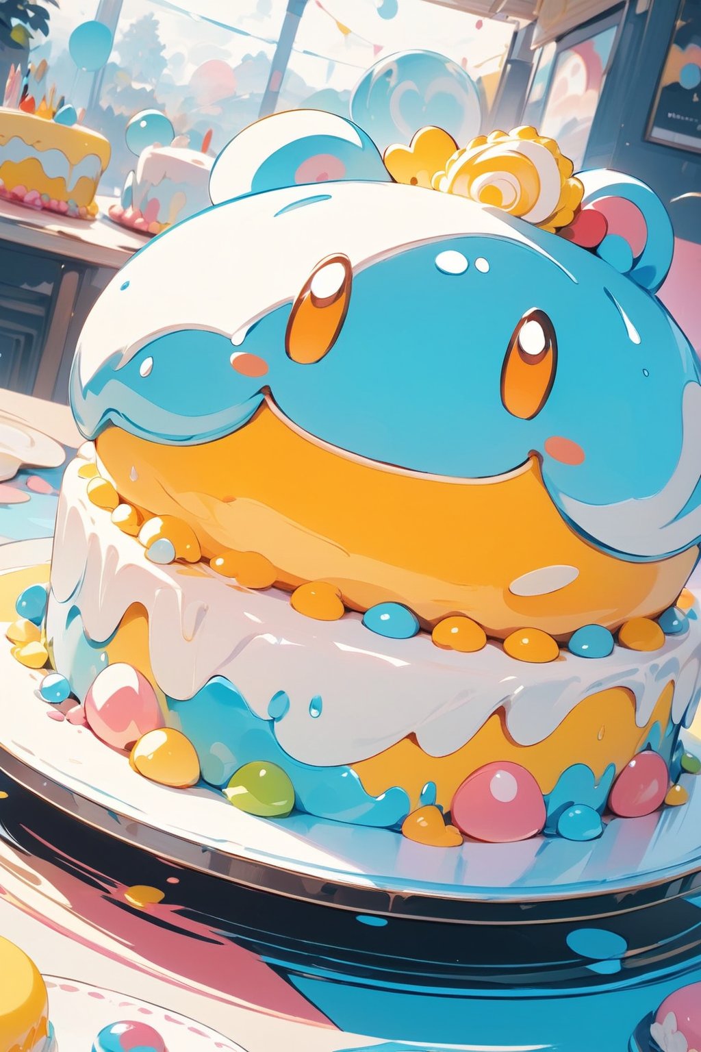 //quality, masterpiece:1.4,detailed:1.4,best quality:1.4, //,close_up shot of slime cake,cute slime, cake focus,low-angle_shot,Colorful art,Vivid Colors,CakeStyle