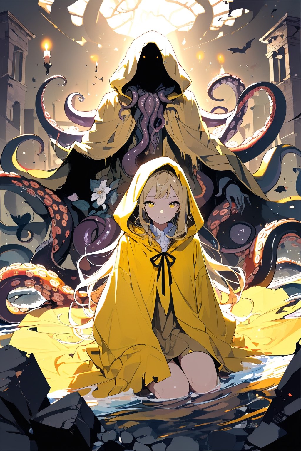 //quality, (masterpiece:1.4), (detailed), ((,best quality,)),//,(cowboy_shot:1.2),//,1girl,//,long hair,bangs, blonde hair,eye shadow, beautiful detailed eyes,flower-shaped pupils,//,long wide sleeves, yellow hood, yellow cloak, hood up, yellow robe,yellow dress,//,light smiling,facing_viewer,//,sitting,//,candle:1.2, (ruins), Tyndall effect,hallucination,fear,thriller,Cthulhu creature,(Cthulhu:1.3), evil:1.2,eldritch abomination, (tentacles:1.3), bubble, scylla, aliasing, hell,vine, dark, dark background, scenery,//,artint, (beautiful vector shapes:1.3),vector shapes,trendwhore style