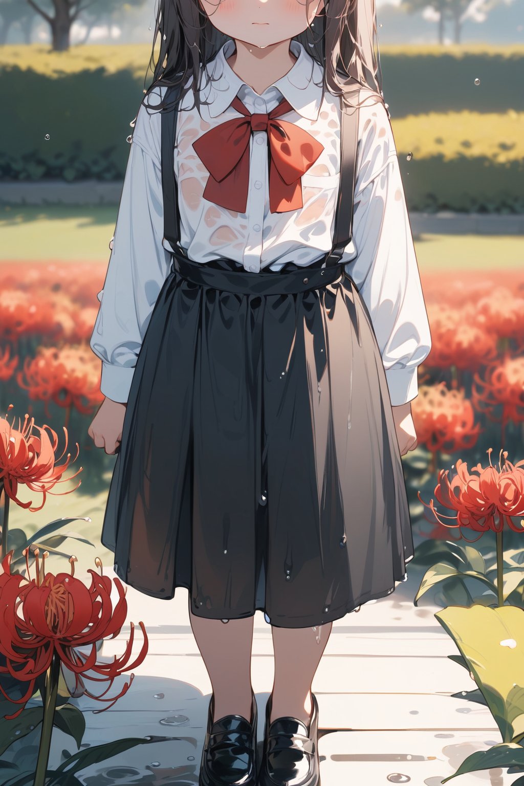 //quality, masterpiece:1.4, detailed:1.4,best quality:1.4,//,1girl,solo,(loli),//, black_hair,long hair,straight_hair,//,(black suspender dress),(white shirt),red bow,long_sleeves,black shoes,(wet),wet hair,wet clothes,//,closed_mouth,head_out_of_frame,//,standing,//,daybreak,blurry_background,spider_lily_(flower),(garden),close_up to mouth,pov flowers,straight-on