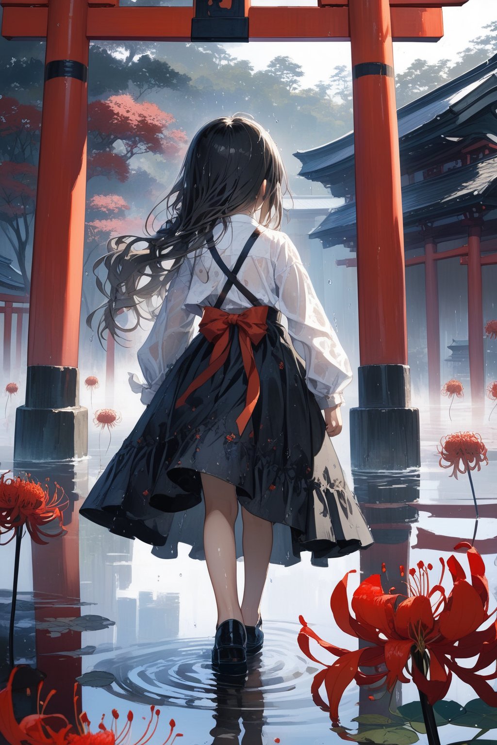 //quality, masterpiece:1.4, detailed:1.4,best quality:1.4,//,day,scenery,Torii,reflection,(garden),spider lily_(flower),1girl,child,solo,(loli),(from_behind),back view,mid_shot, black_hair,long hair, straight_hair,(black dress), white long shirt,long_sleeves,black shoes,(wet),wet hair,wet clothes,walking, horror, gloomy ,Deformed,pov flowers