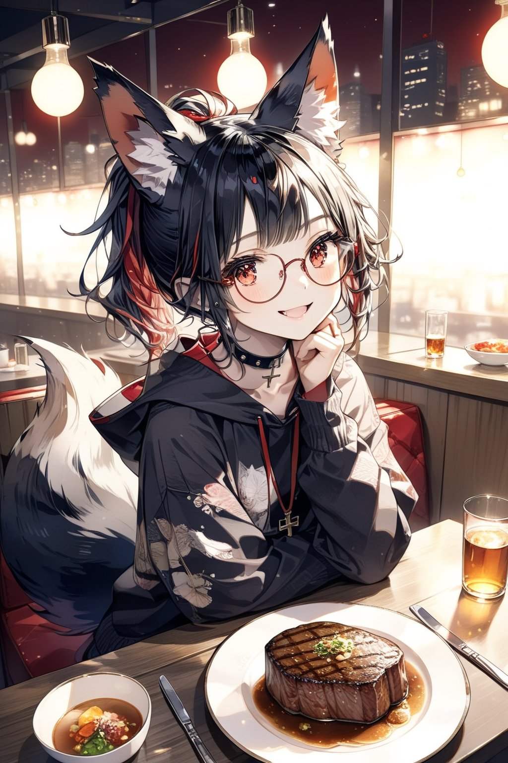 //quality, masterpiece:1.4, detailed:1.4, ,best quality:1.4, //, 1girl, cute,solo,Tekeli,//,black fox ears,animal ear fluff,black fox tail,sidelocks,black hair,red inner hair,short ponytail,red eyes,//, fashion,red_glasses,cross_necklace, hoodies,hood down,//,blush,happy,smile, drooling,:D,(straight-on), looking down, sitting,//,ink paint, bright lights and colors, indoor, restaurant,beef steak, dishes of beef steak,detailed beef steak,pov beef steak